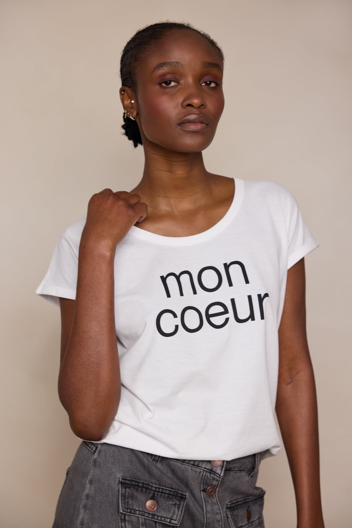 model wearing Mon Coeur T Shirt white