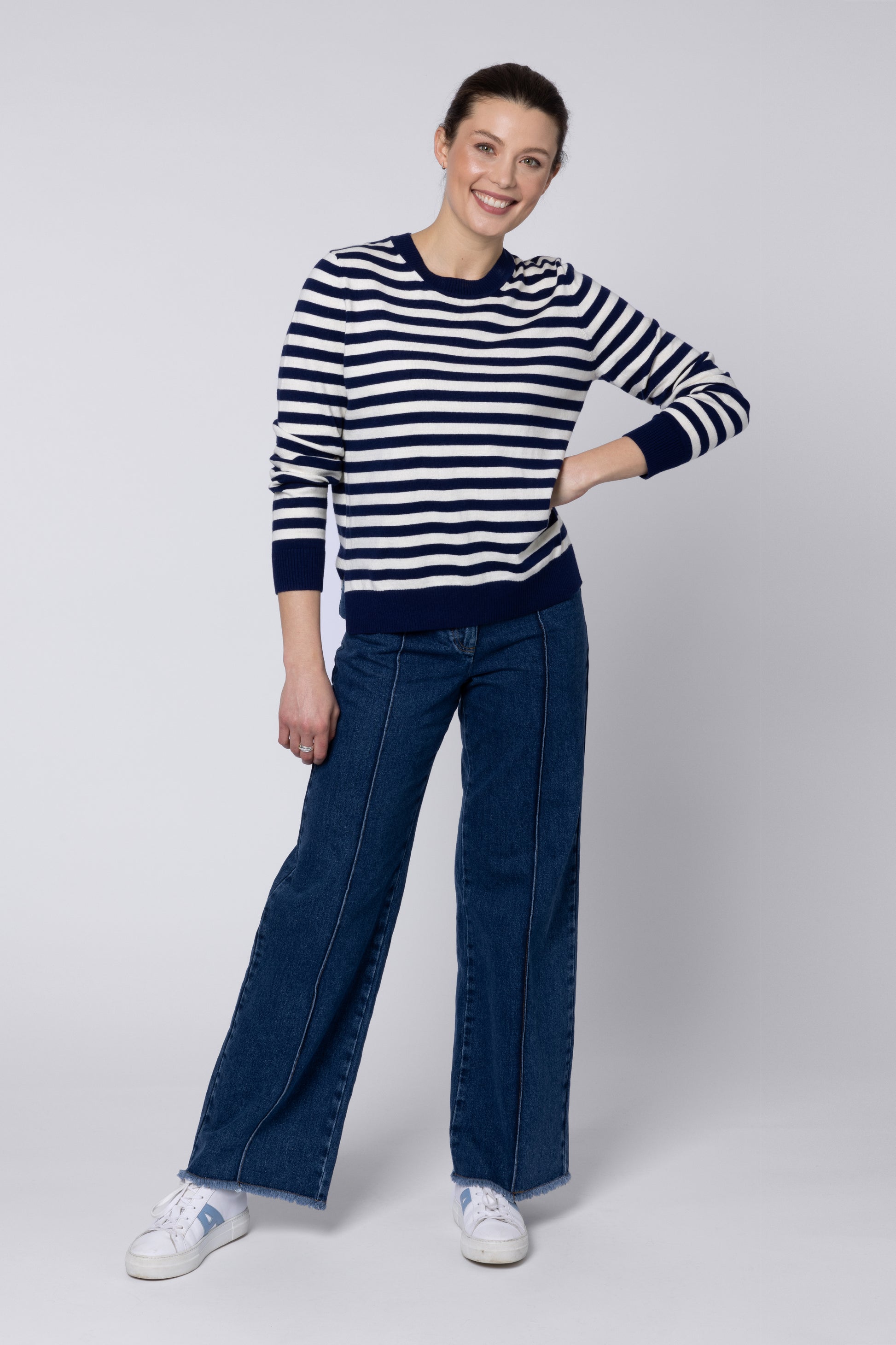 model wearing Navy And Cream Striped Jumper Eleven Loves