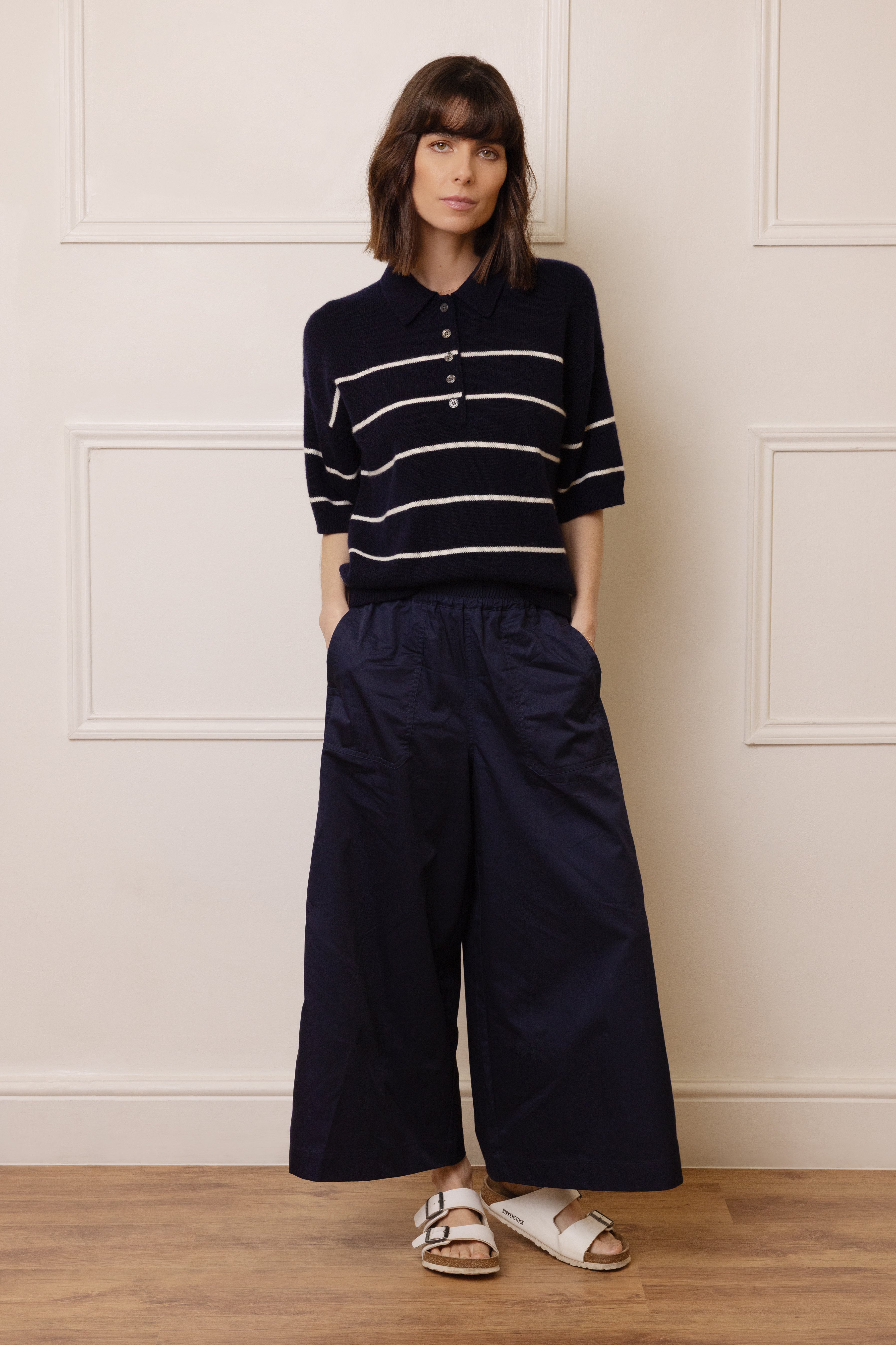 Noah Button Neck Cashmere Blend Jumper - Navy/Ivory Stripe