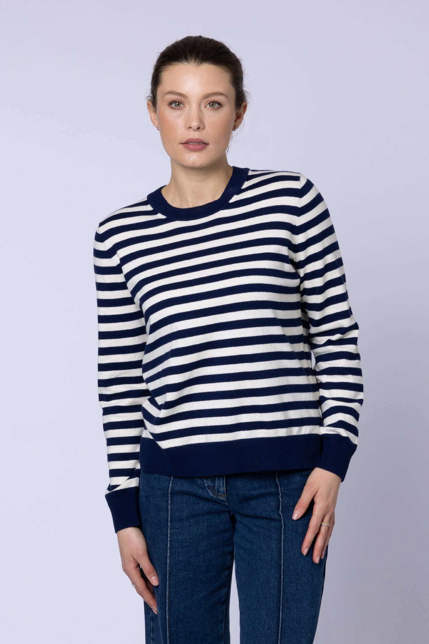 model wearing Navy Striped Jumper Eleven Loves UK