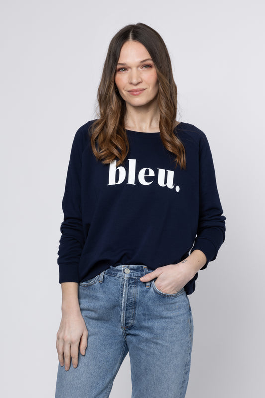 model wearing Navy Sweatshirt Eleven Loves