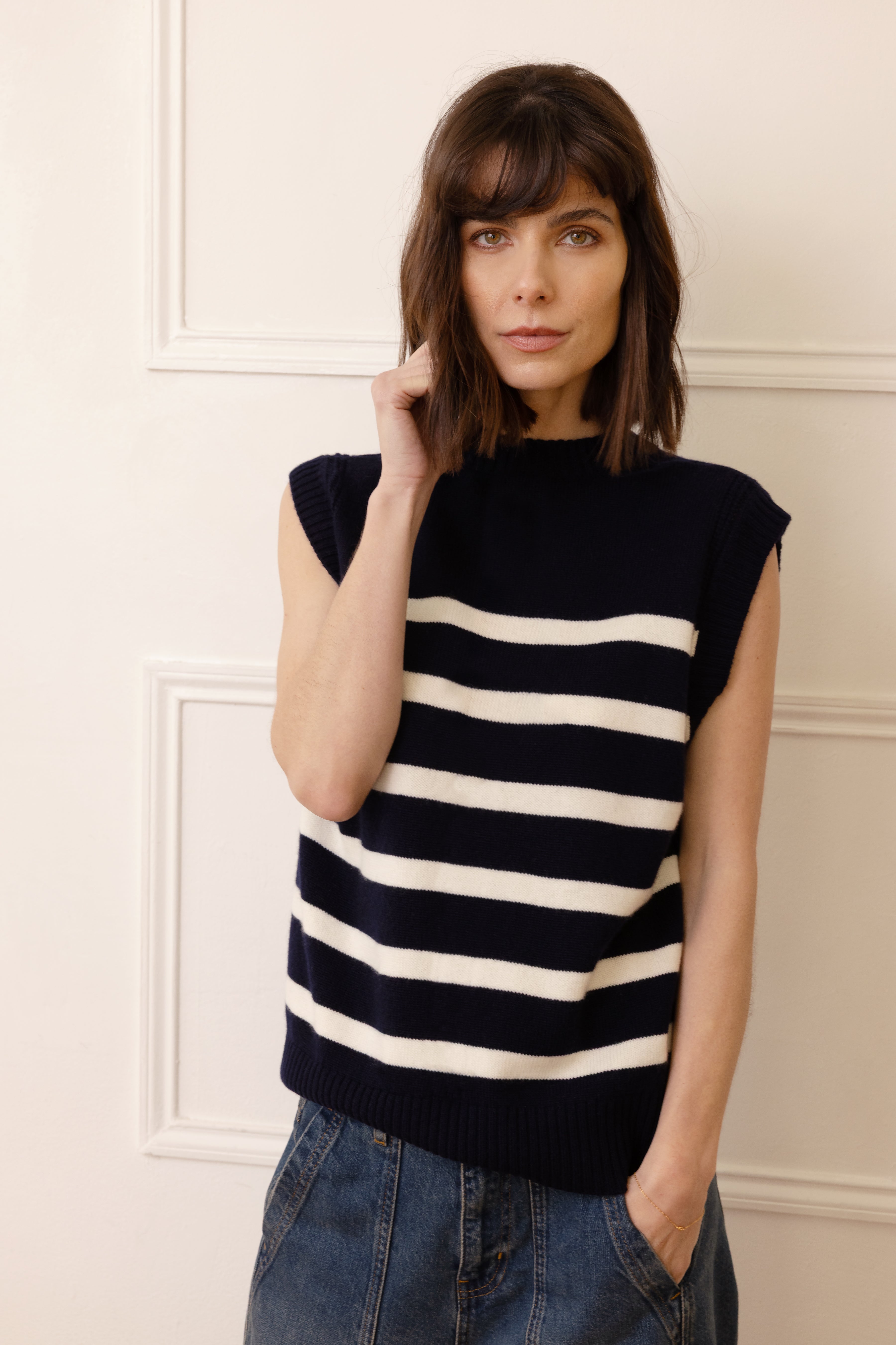 Nelly Cashmere Blend Striped Tank - Navy/Ivory