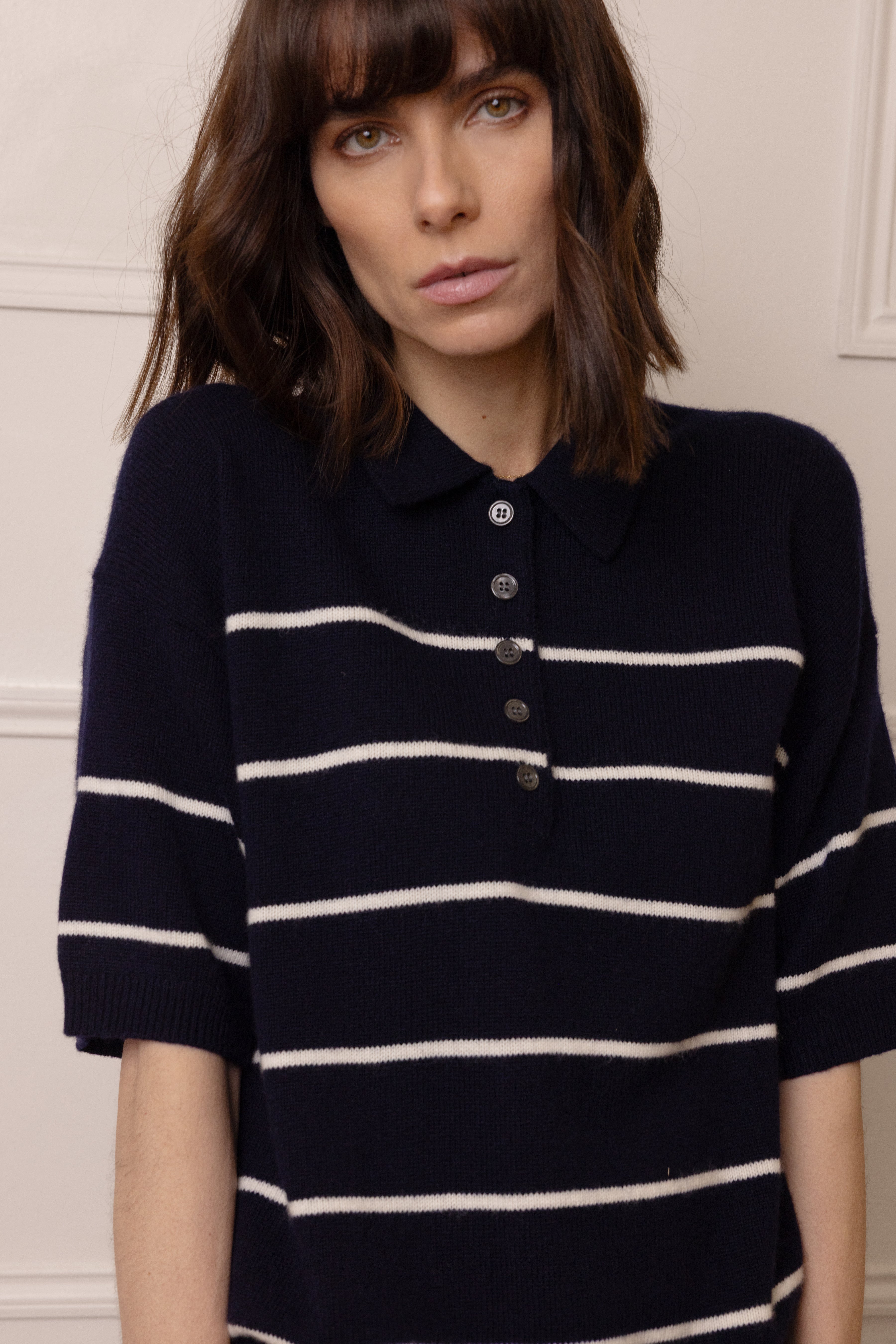 Noah Button Neck Cashmere Blend Jumper - Navy/Ivory Stripe