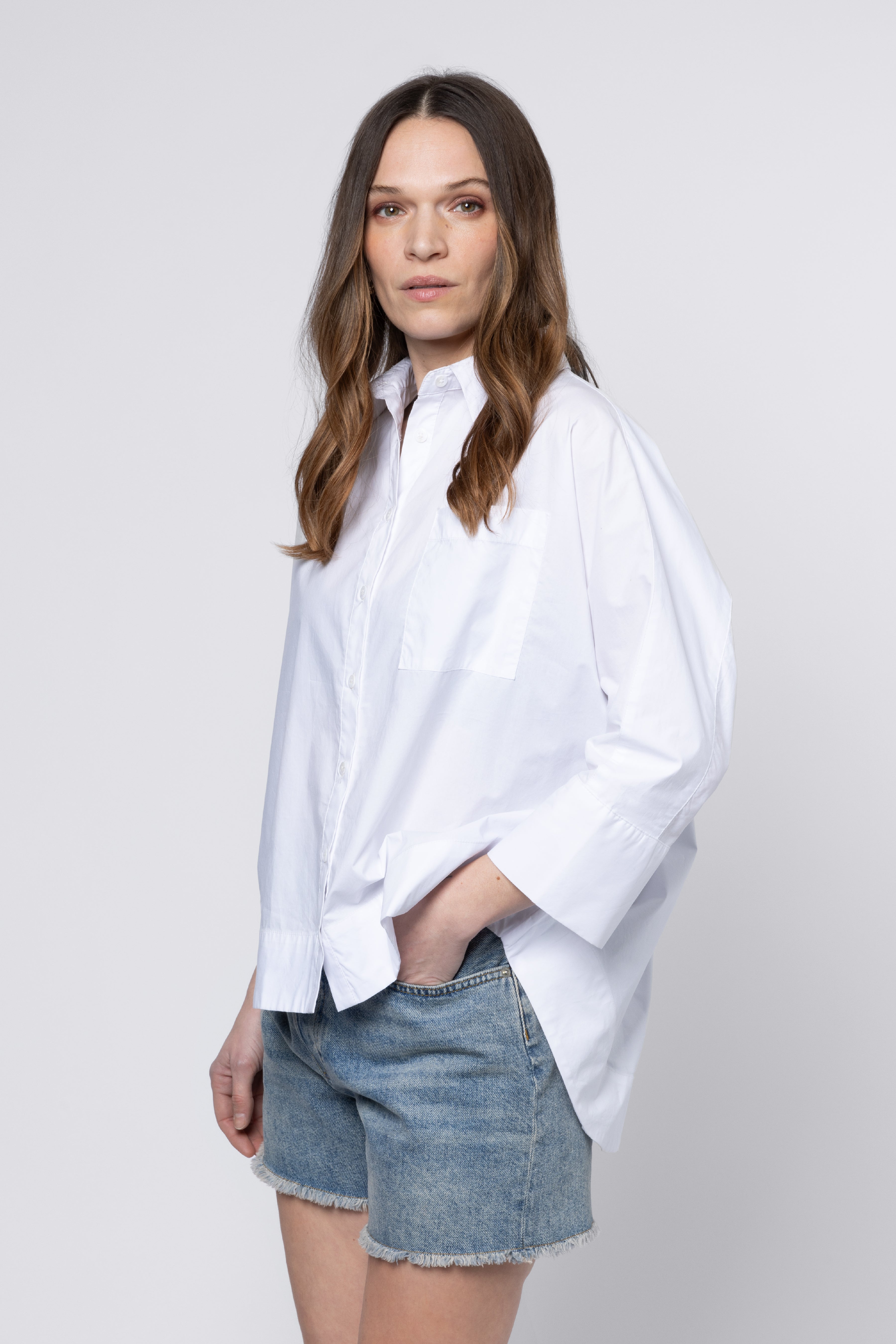 model wearing Oversized Cotton Shirt Eleven Loves