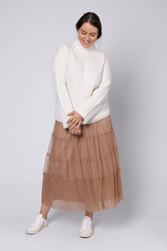 Pearl Pleated Tulle Skirt (Caramel)