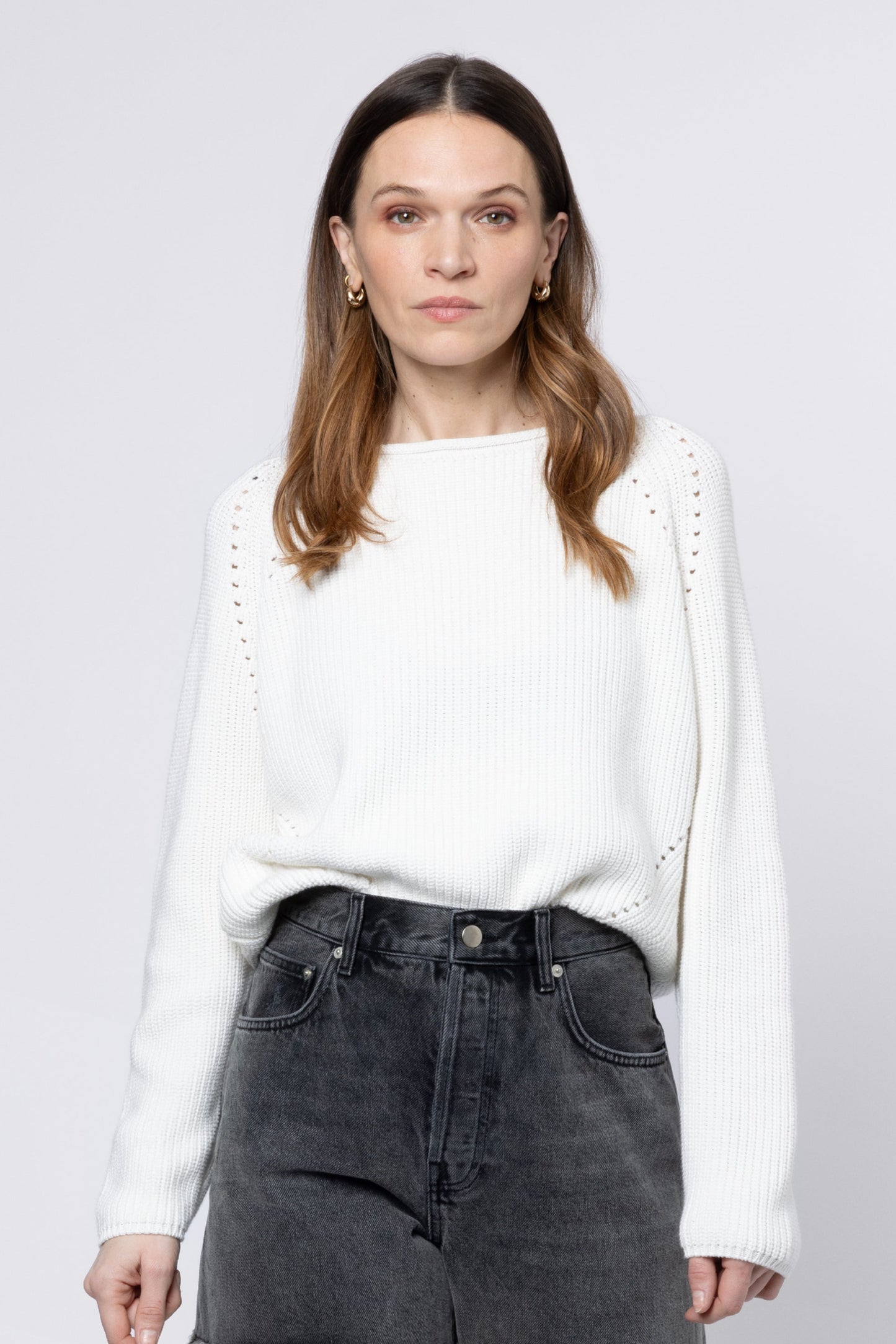 model wearing Polly Pointelle Jumper Off White Eleven Loves