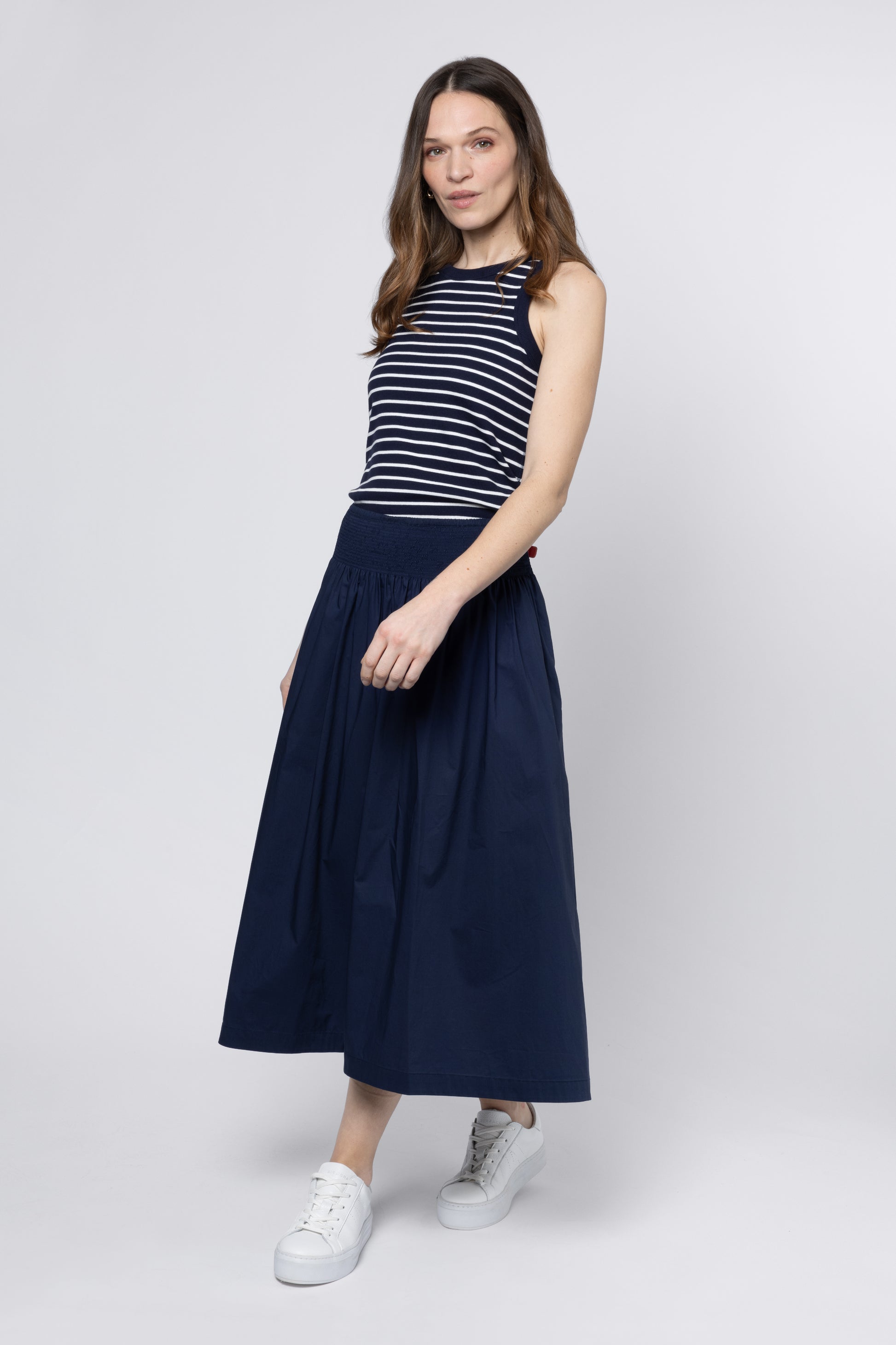 model wearing Poplin Maxi Skirt Navy Eleven Loves UK