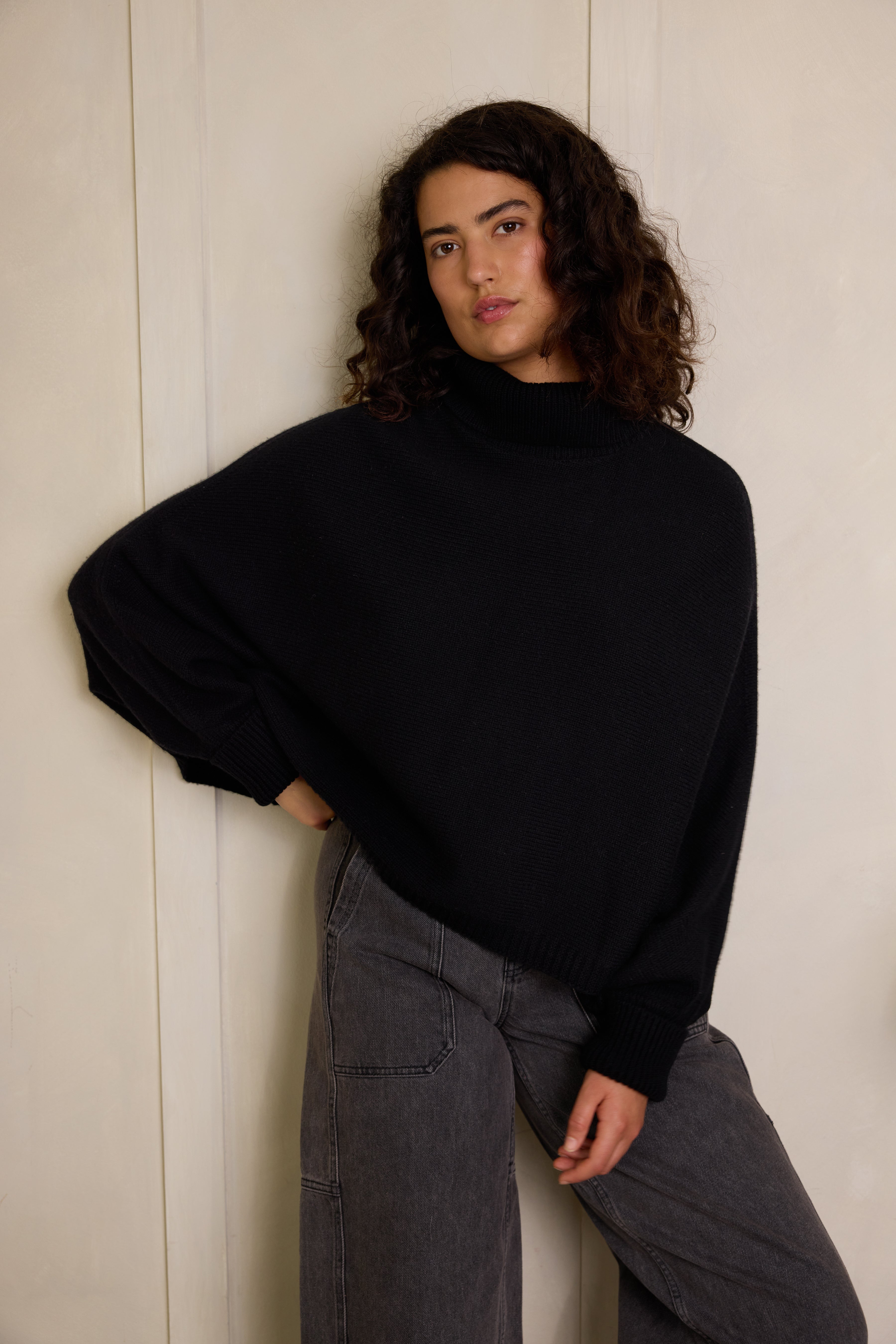 Paris Roll Neck Poncho with Cashmere - Black