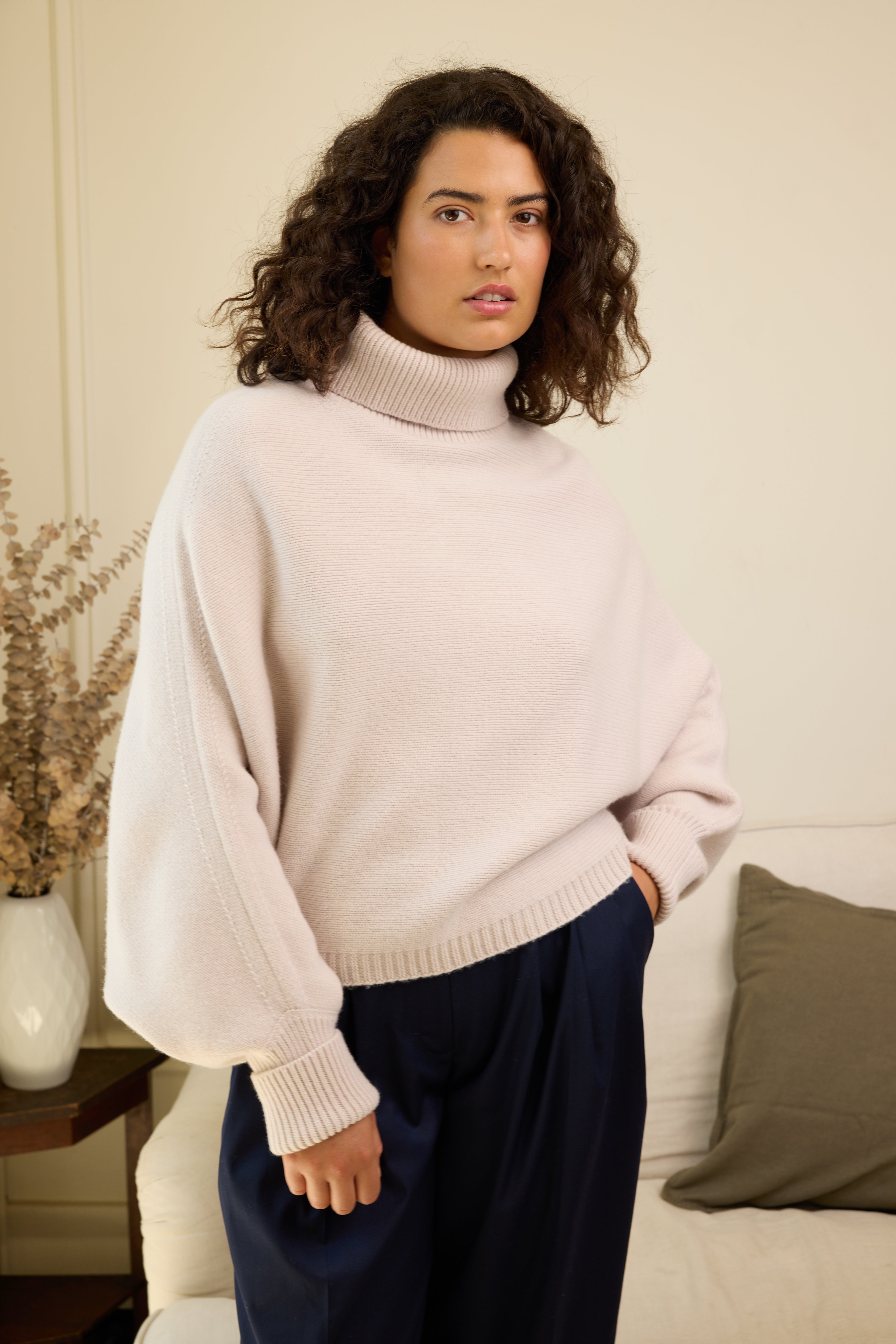 Paris Roll Neck Poncho with Cashmere - Oyster