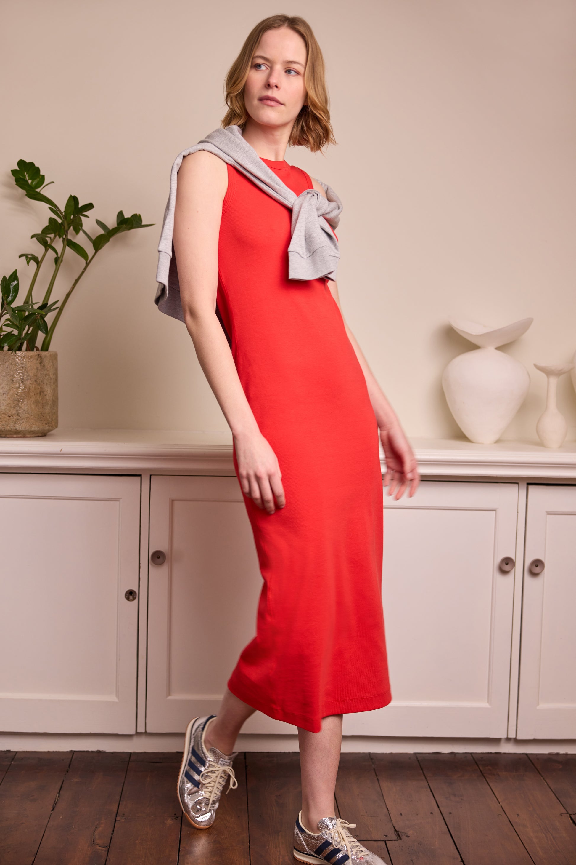 model wearing Red Sleeveless Dress Eleven Loves UK