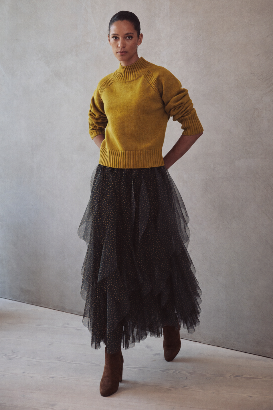 Iris tulle maxi skirt in spot worn with the Blythe funnel neck cropped jumper in turmeric