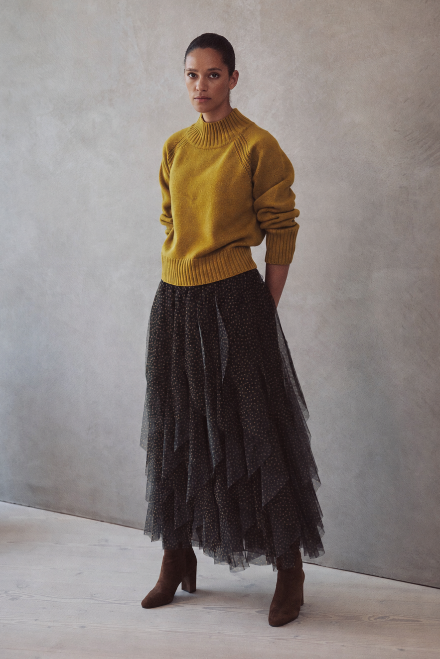 Iris tulle maxi skirt in spot worn with the Blythe funnel neck cropped jumper in turmeric