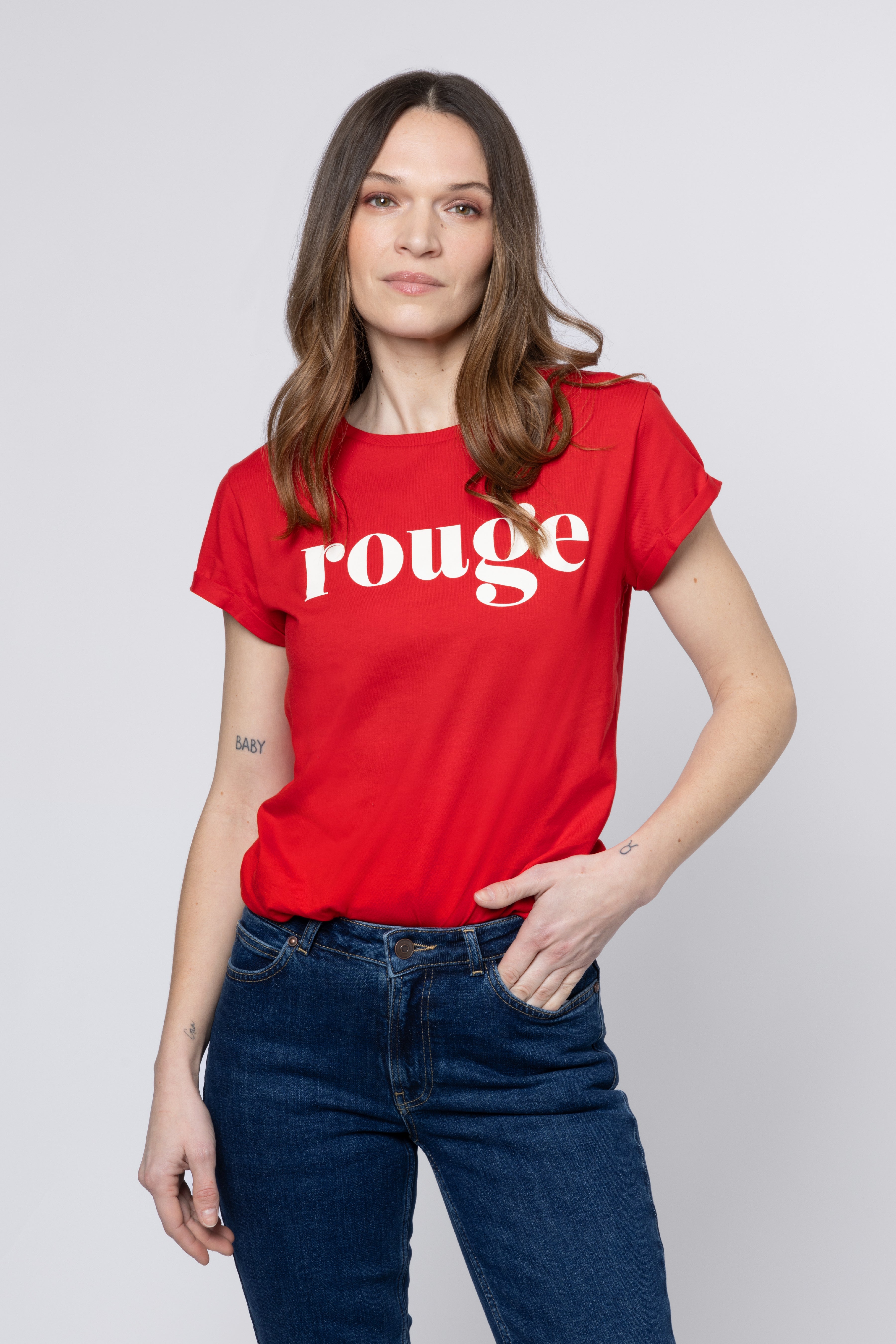 model wearing Rouge Red Neat Fit T Shirt Eleven Loves
