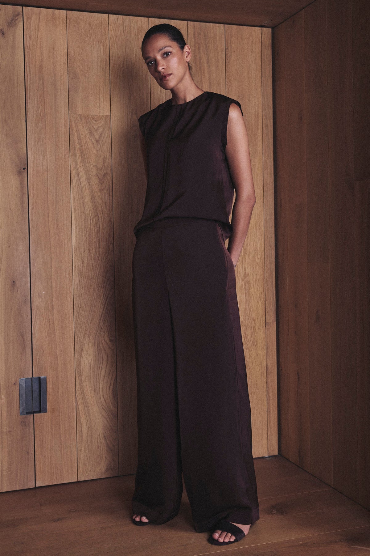 Hazel wide leg satin trousers in chocolate