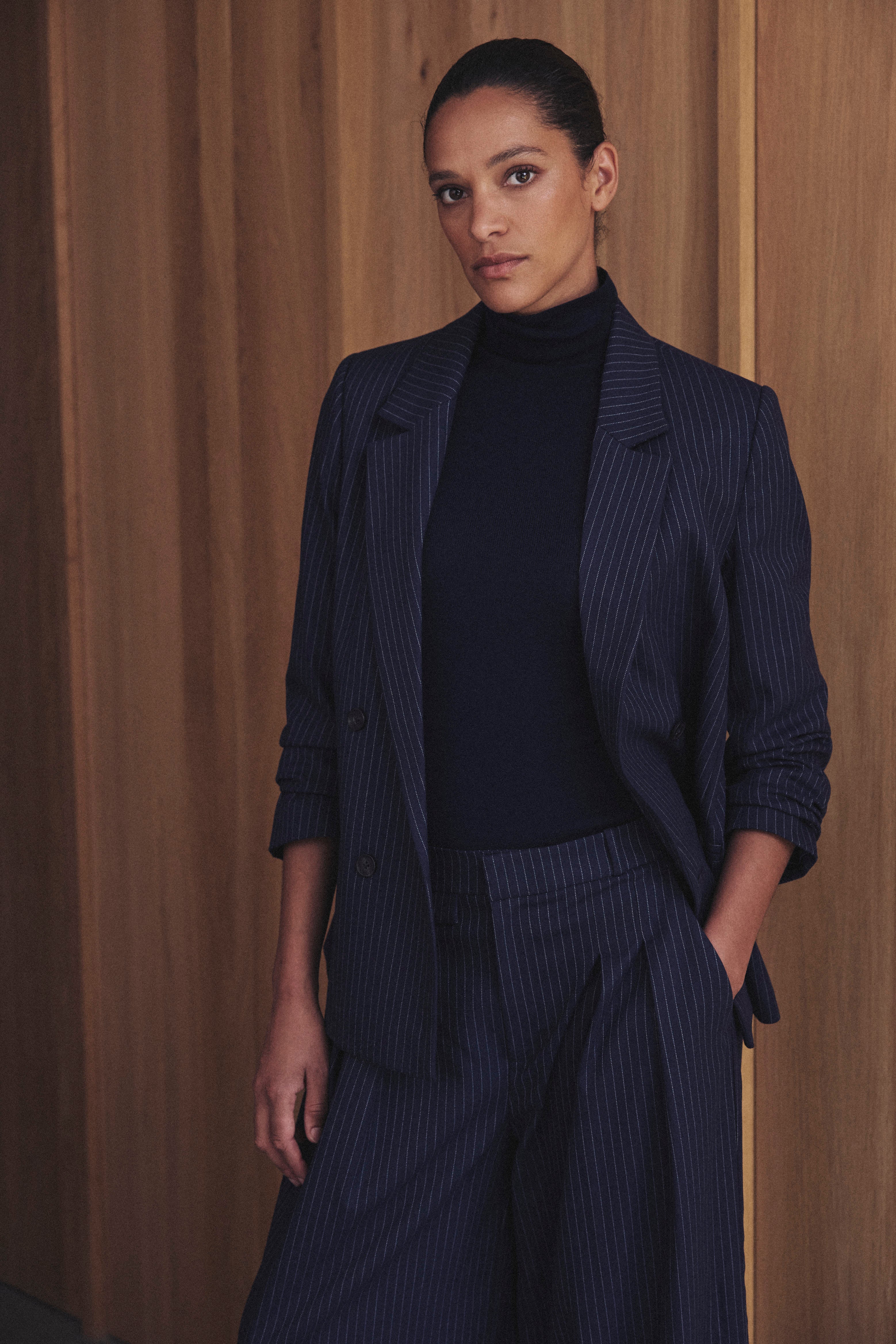 Georgia Double Breasted Blazer - Navy Pinstripe