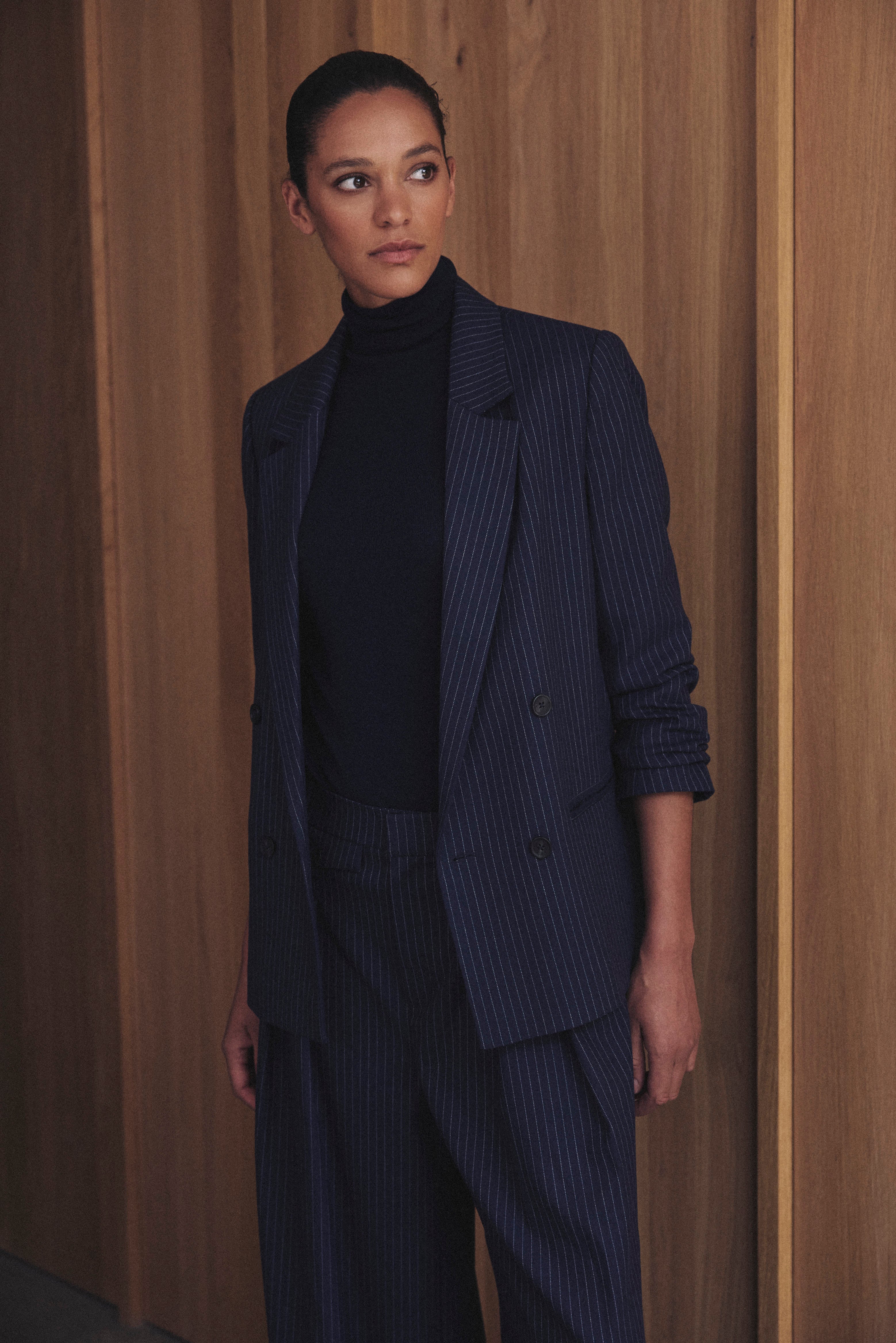 Georgia Double Breasted Blazer - Navy Pinstripe