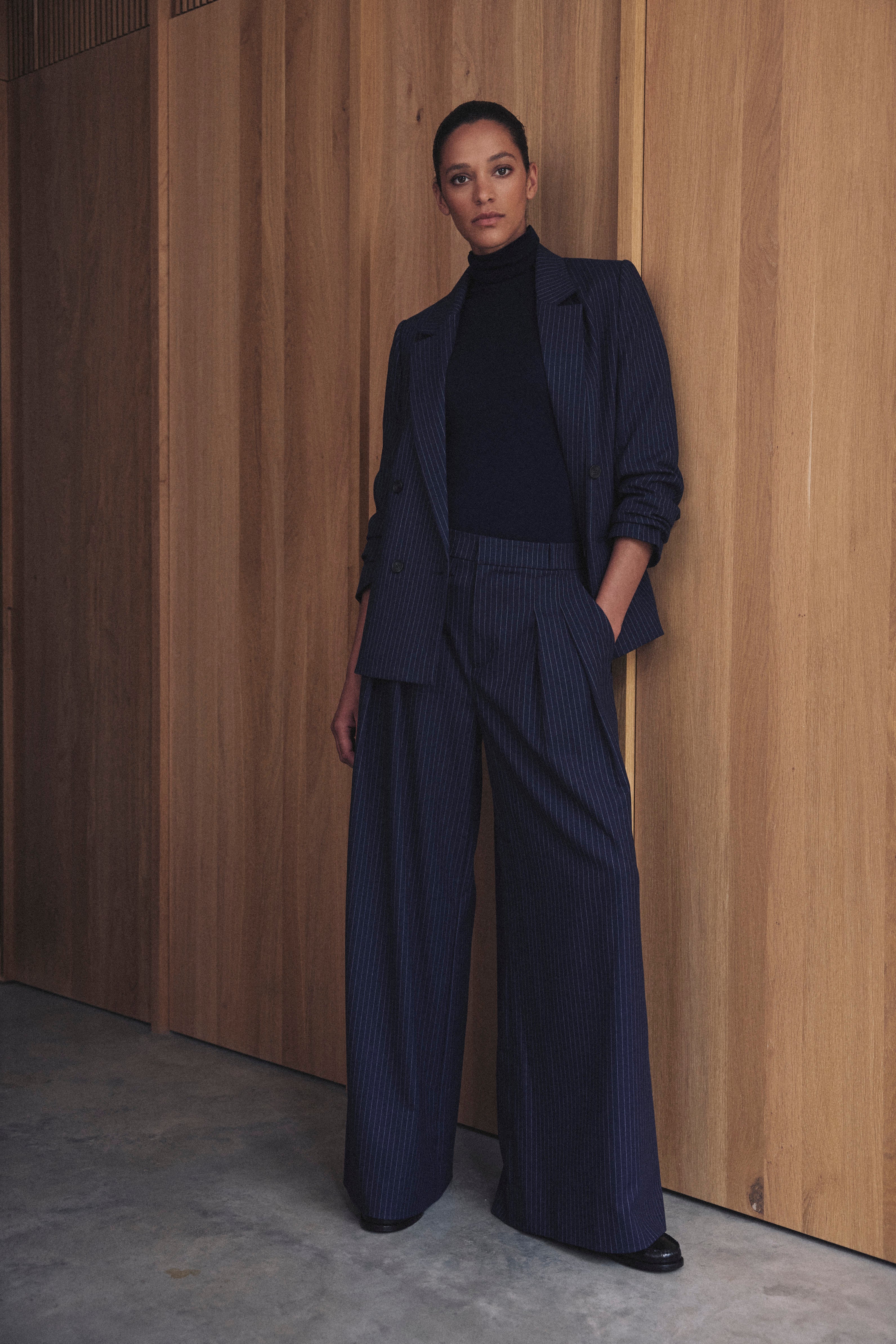 Dora Wide Leg Trousers - Navy Pinstripe