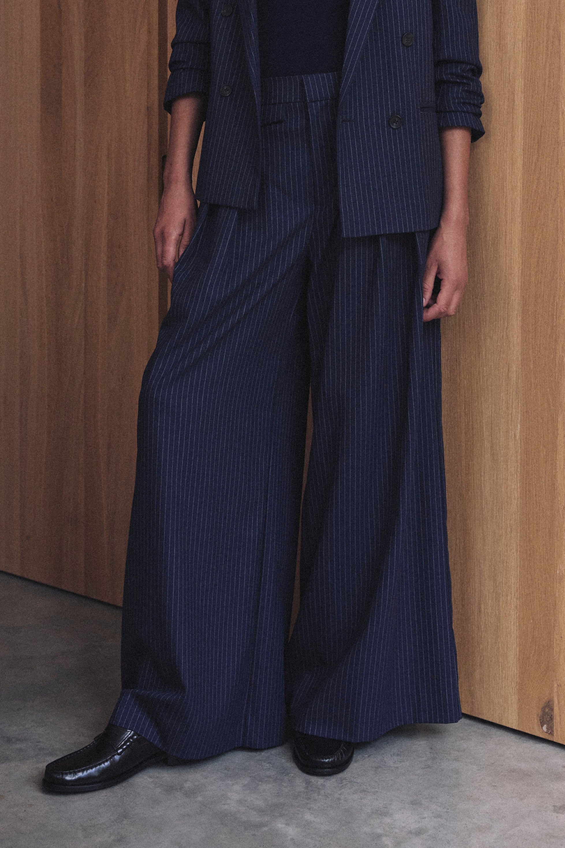 Dora Wide Leg Trousers - Navy Pinstripe