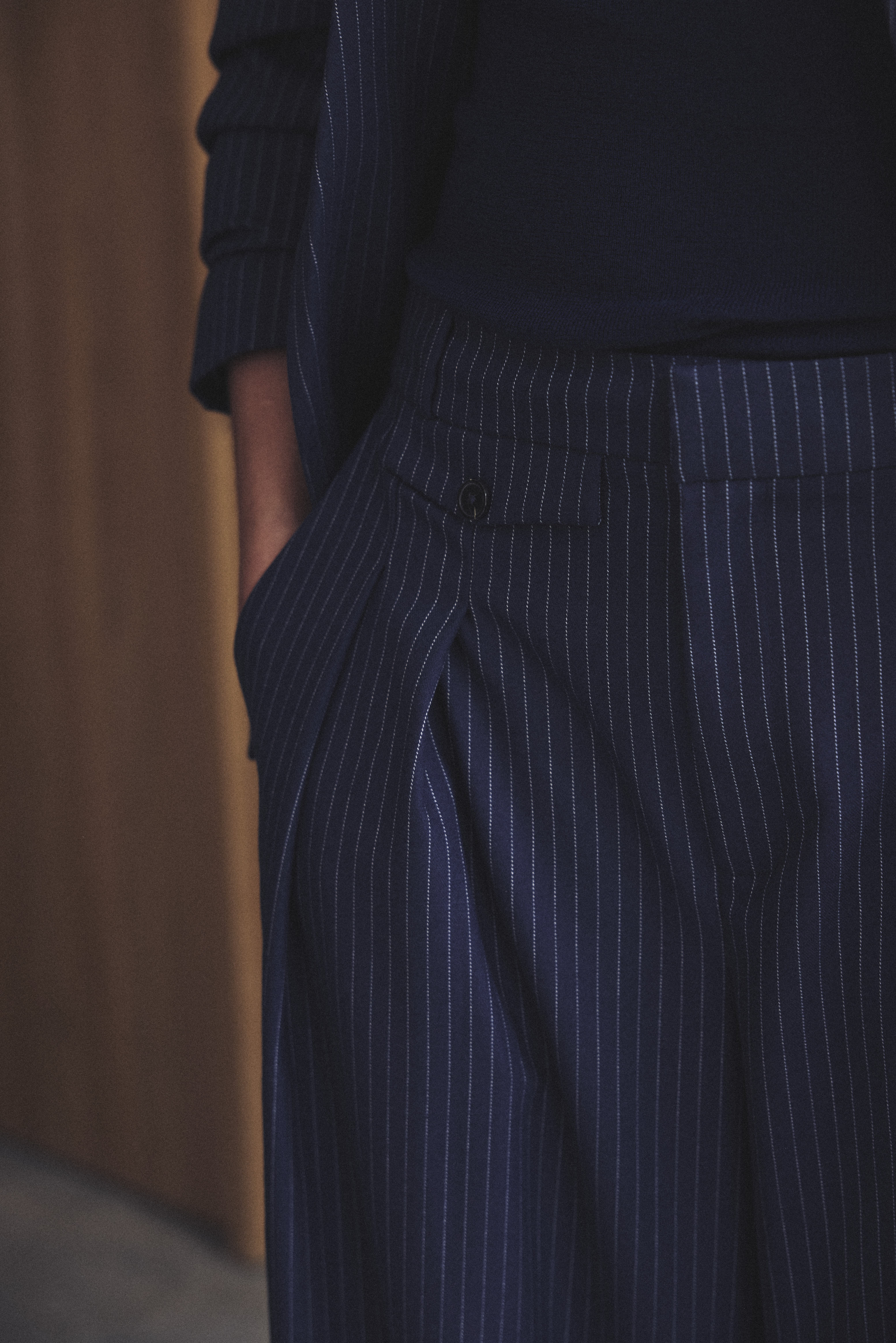 Dora Wide Leg Trousers - Navy Pinstripe