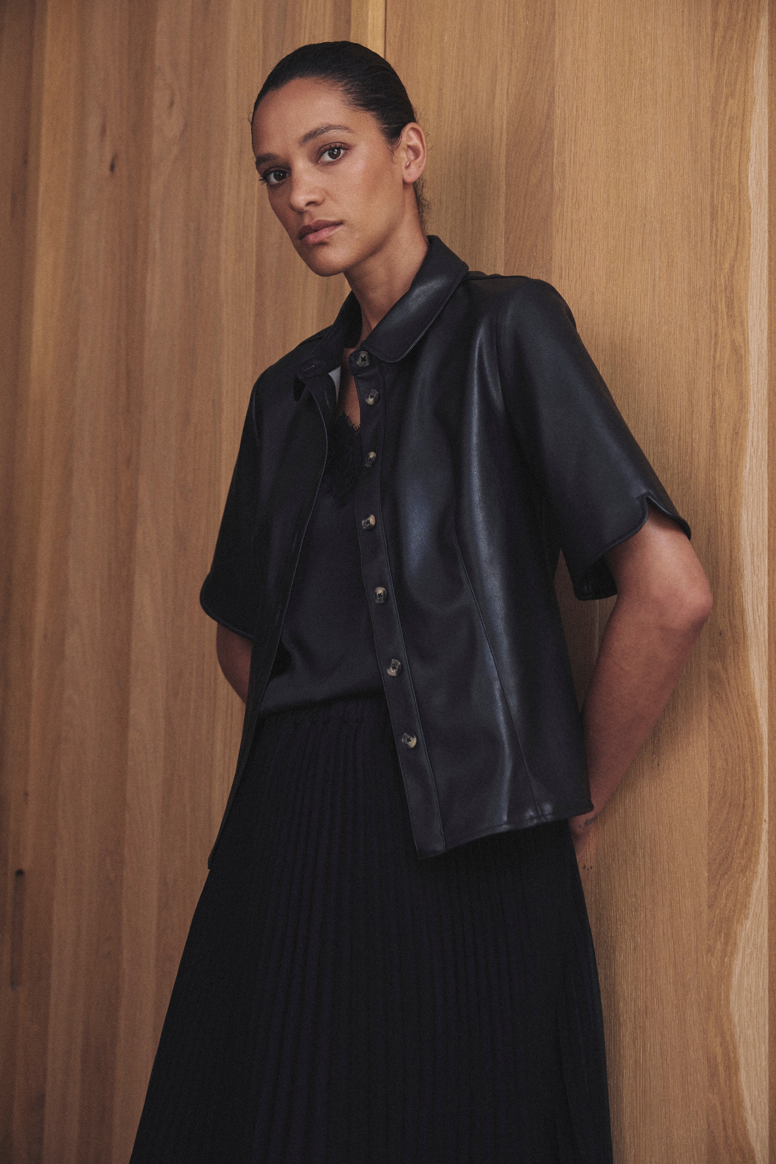 Orla Faux Leather Shirt - Black