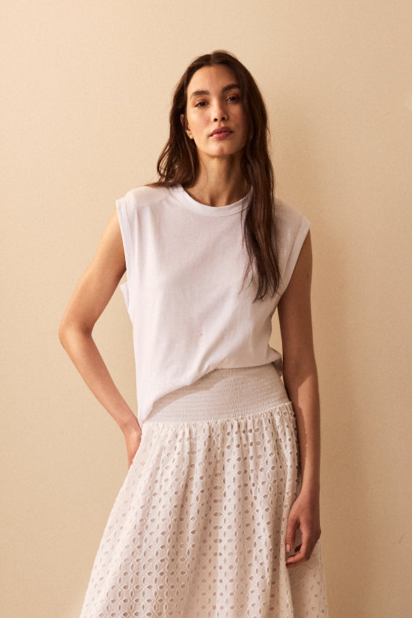 Skylar Shoulder Pad T-Shirt - White - Eleven Loves