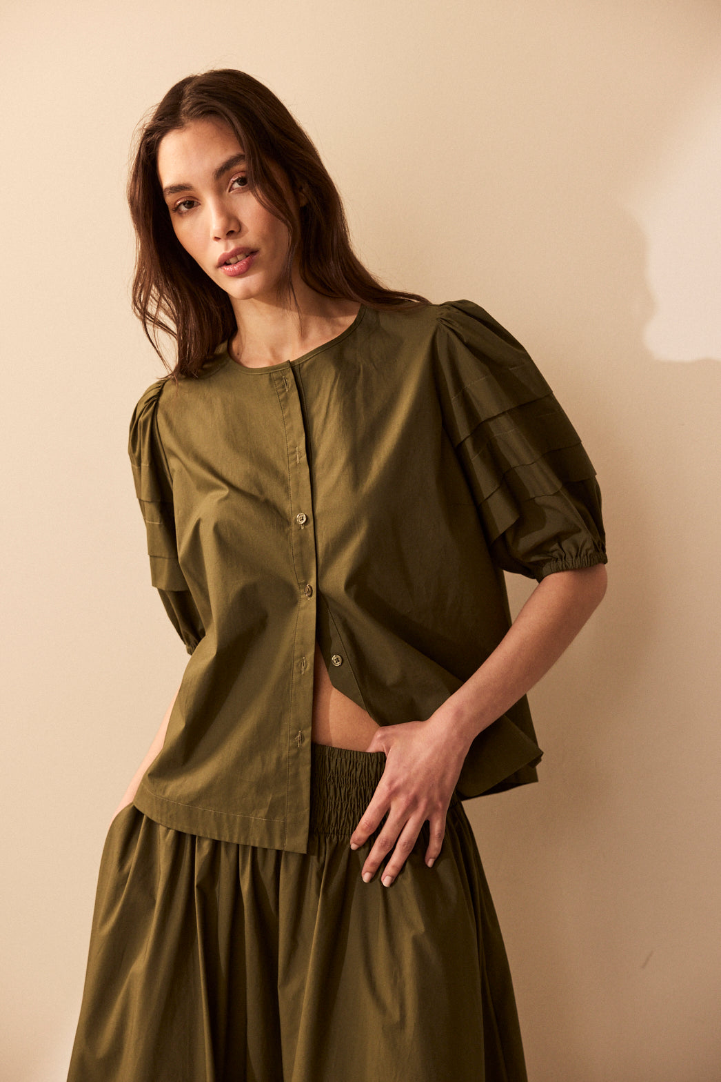 Sophia Pin Tuck Shirt - Olive - Eleven Loves