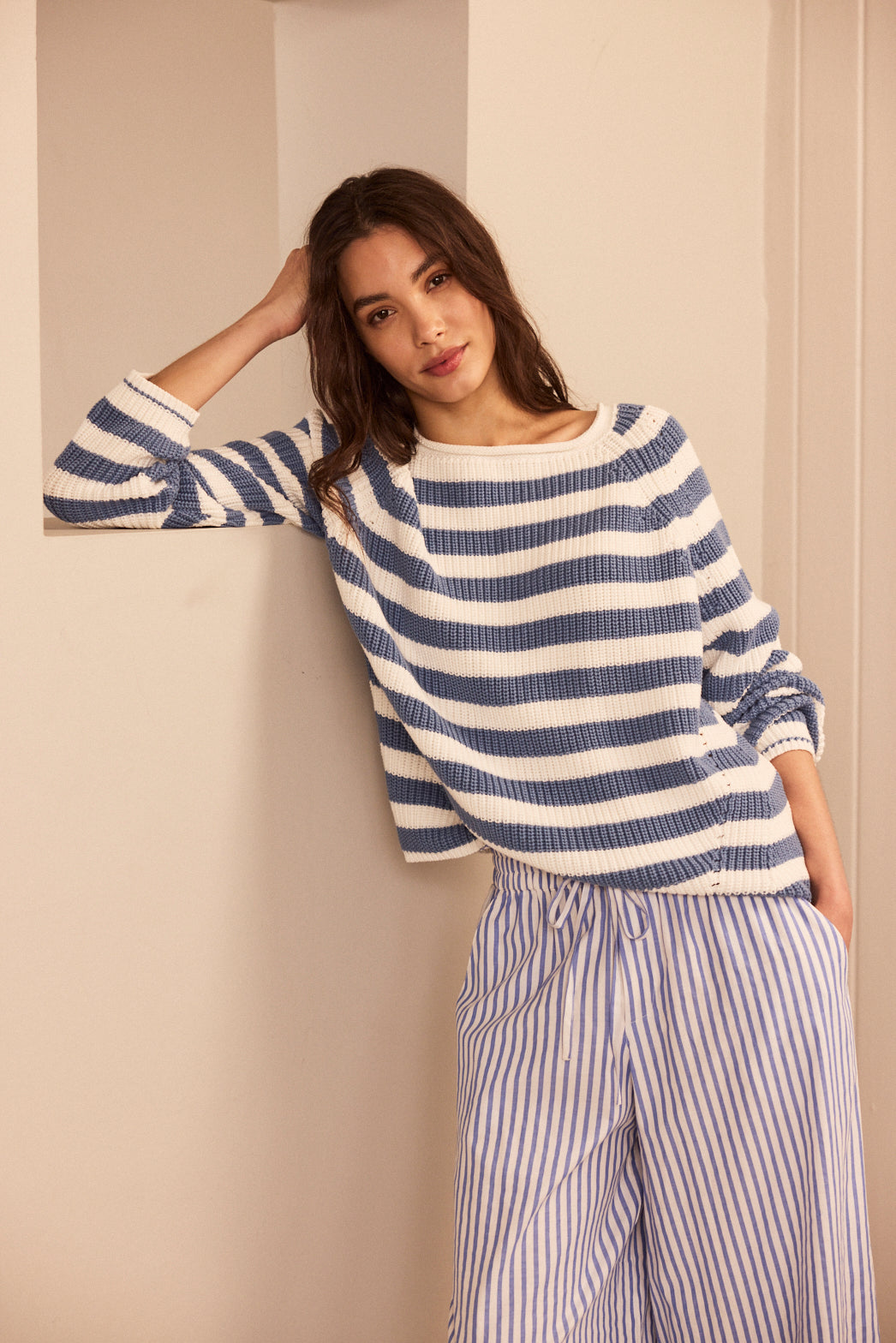 Polly Pointelle Jumper - Blue/White Stripe - Eleven Loves