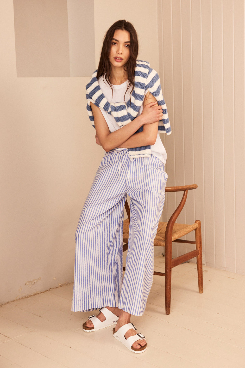Joelle Wide Leg Trousers - Cotton Stripe - Eleven Loves