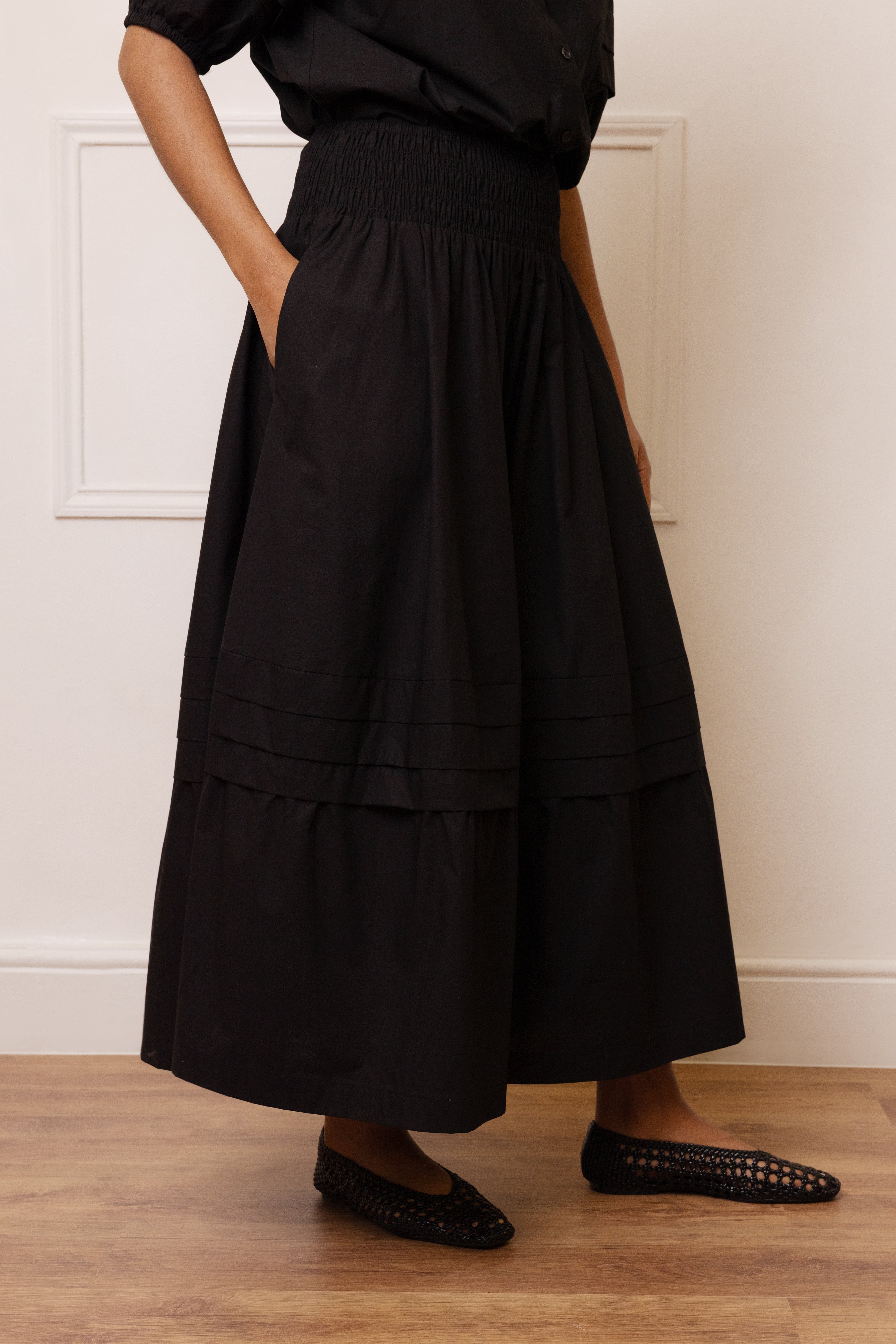 Sabina Shirred Waist Midi Skirt - Black - Eleven Loves