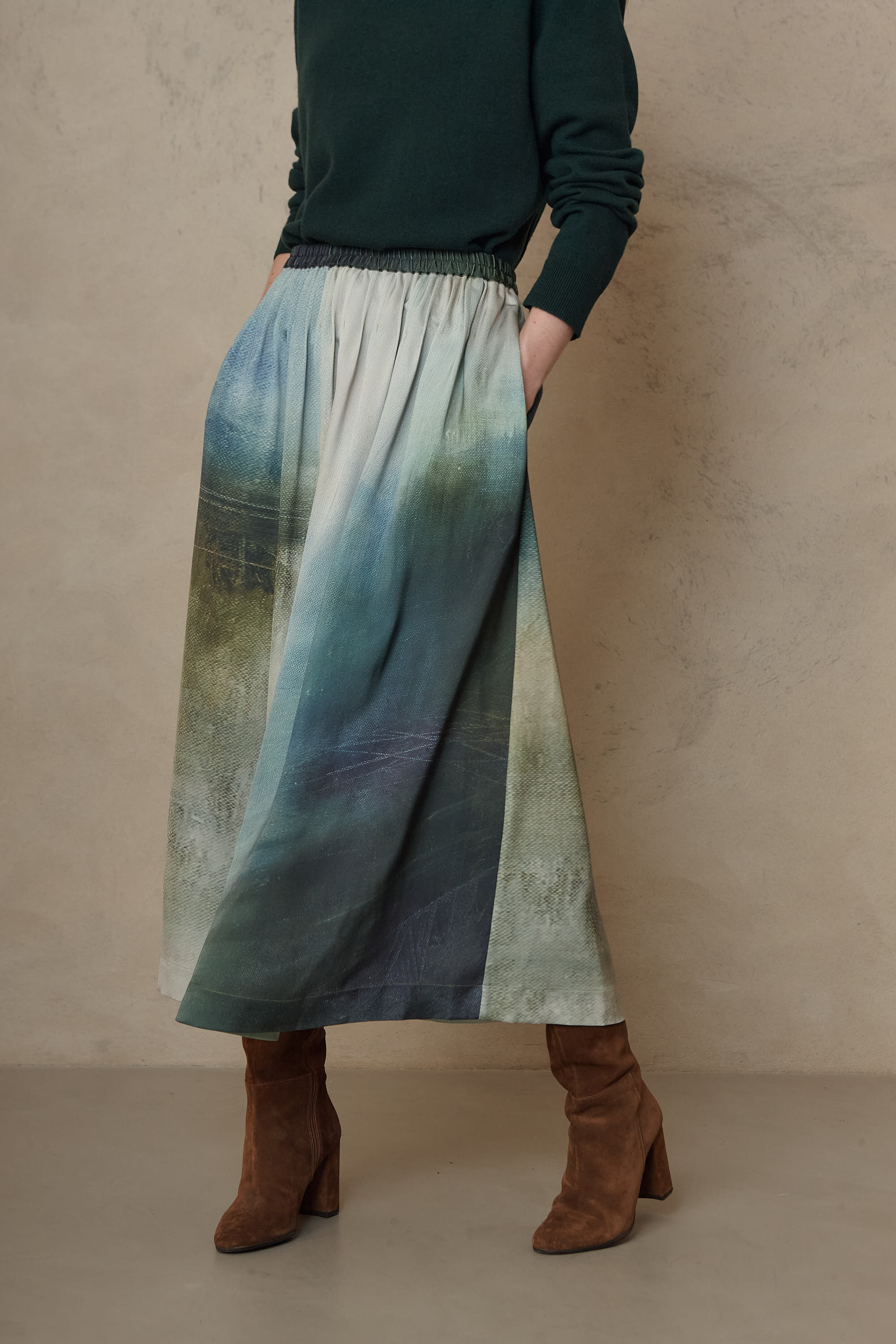 Saffy printed midaxi skirt in an exclusive Claire Hankey art print, a green abstract print by Eleven Loves