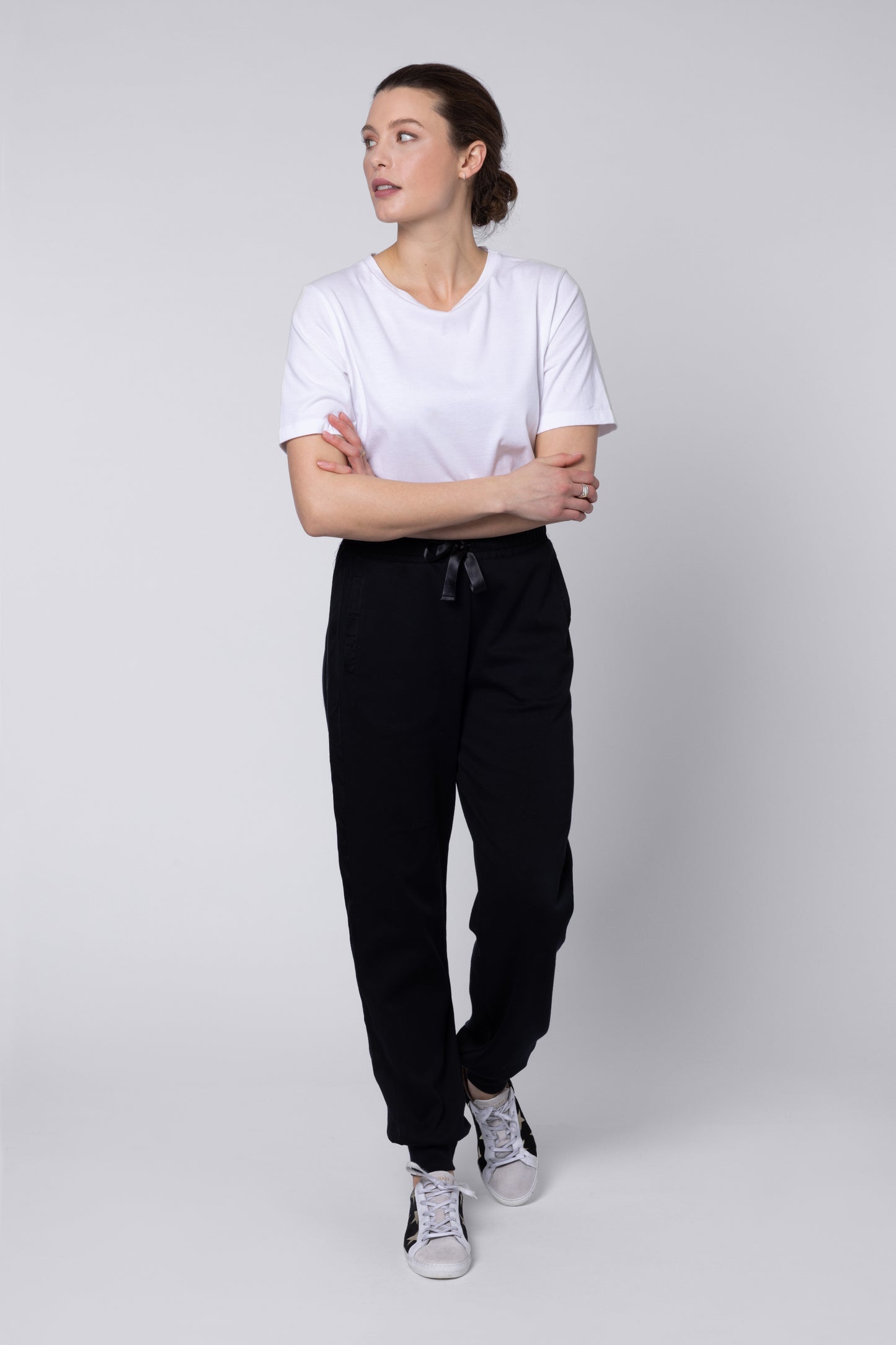 model wearing Side Stripe Womens Joggers Eleven Loves UK