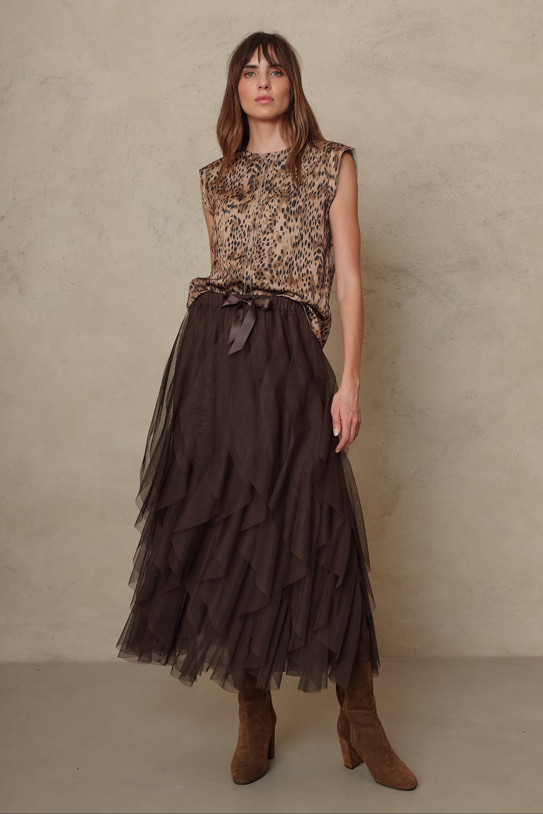 Iris tulle maxi skirt in chocolate worn with the Skylar satin shoulder pad T Shirt in animal print