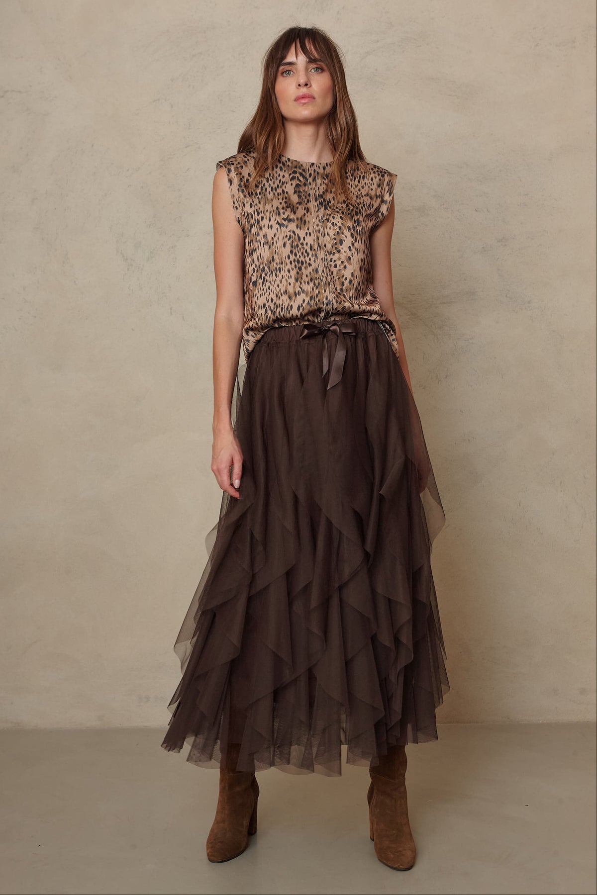 Iris tulle maxi skirt in chocolate worn with the Skylar satin shoulder pad T Shirt in animal print