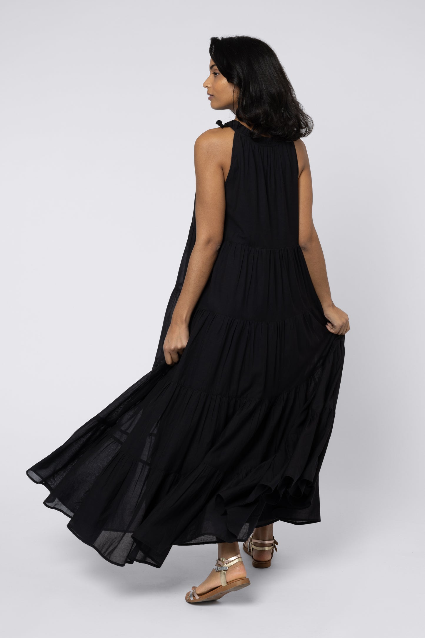 Model wearing Tiered Maxi Dress Black Elevenloves.co.uk