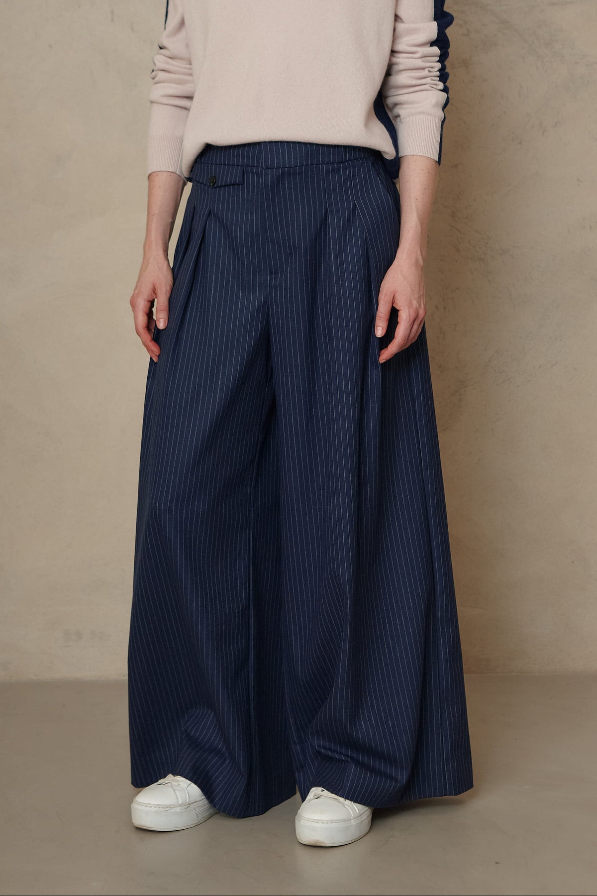 Dora Wide Leg Trousers - Navy Pinstripe