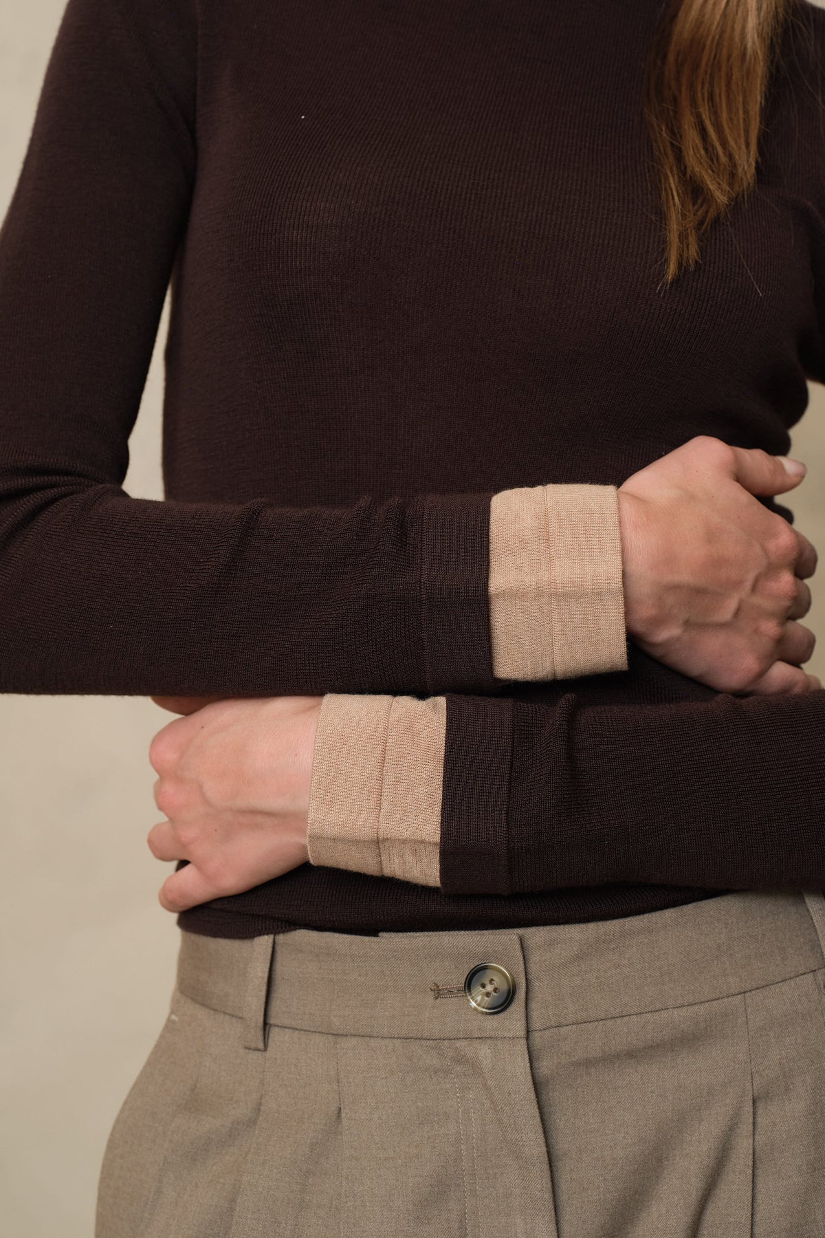 Trinny fine merino crewneck in chocolate with a camel sleeve