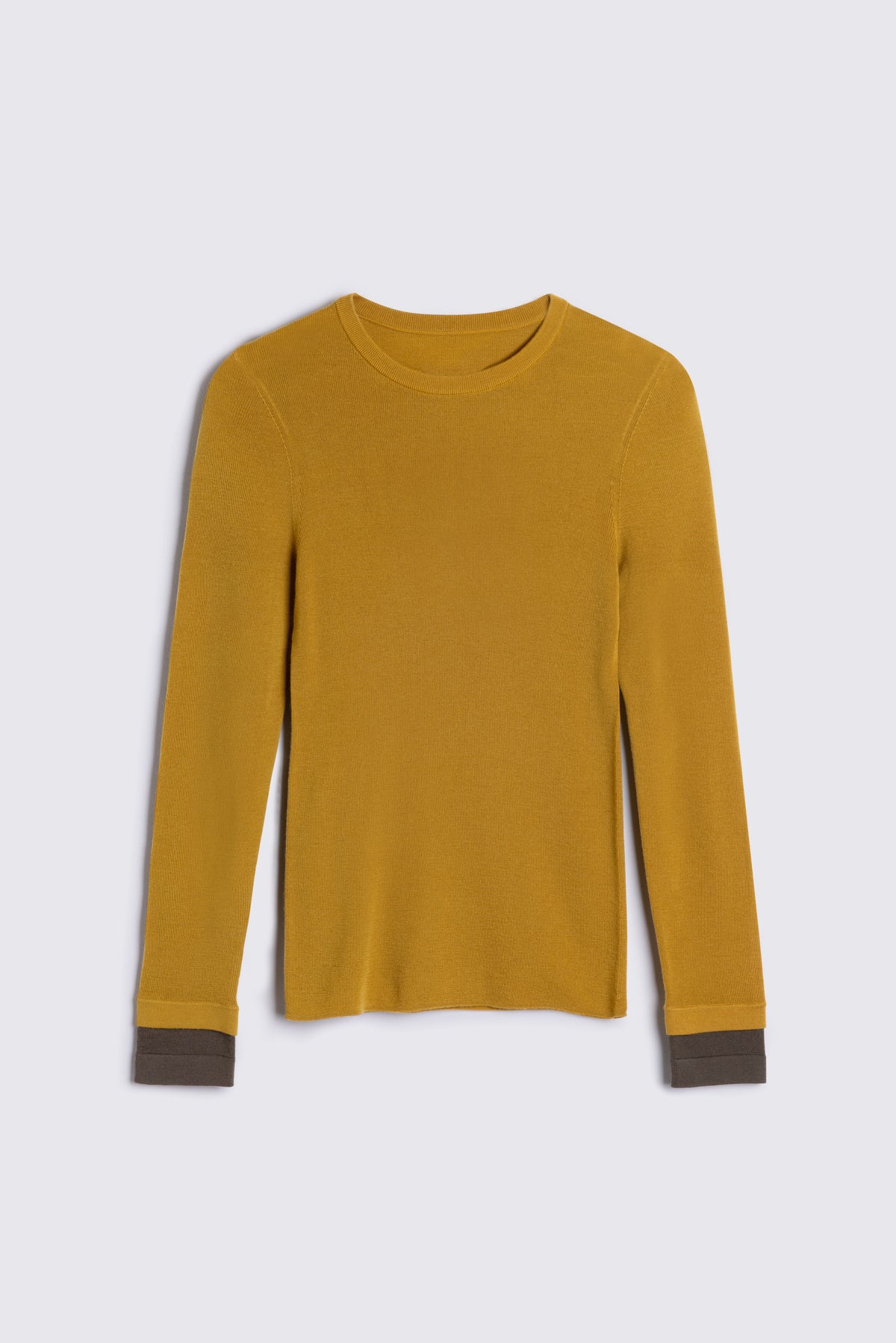 Mustard jumper, the Trinny fine merino crewneck with a dark olive contrast cuff
