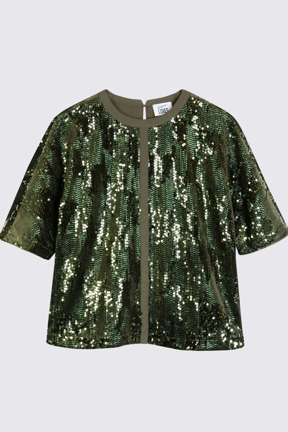Elevenloves sequin shirt sadie green sequin t-shirt sustainable recycled sequin top ellen loves eleven loves 11loves