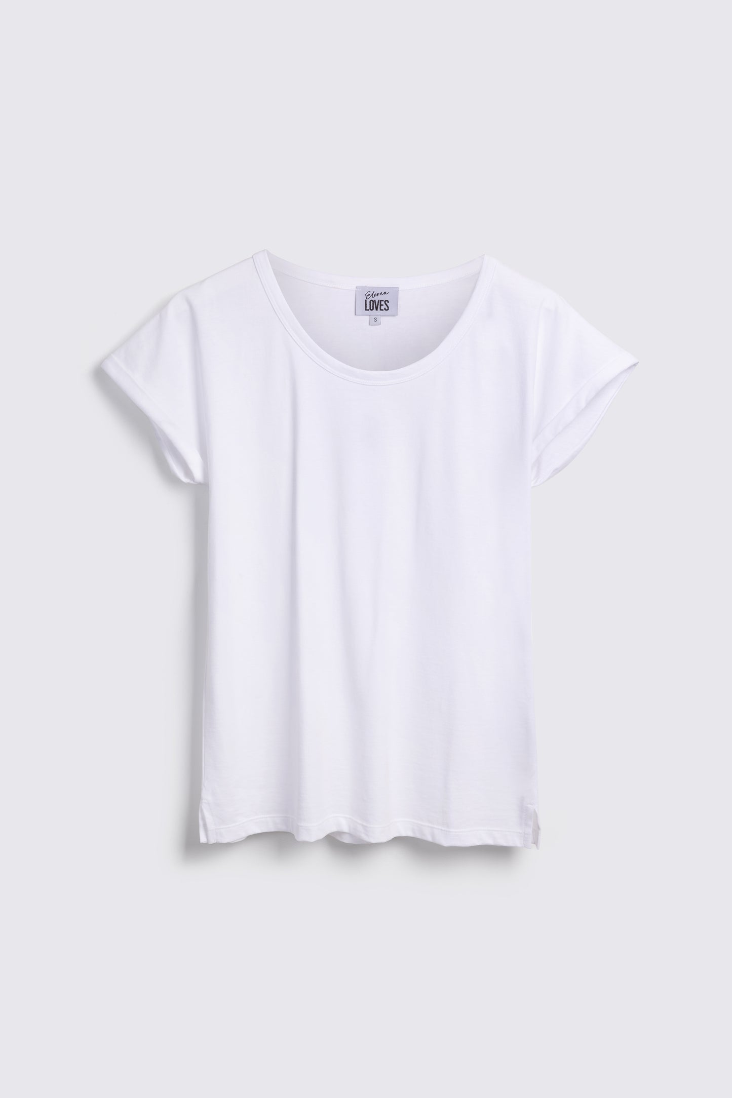 White Rolled Sleeve T Shirt Eleven Loves on White Background