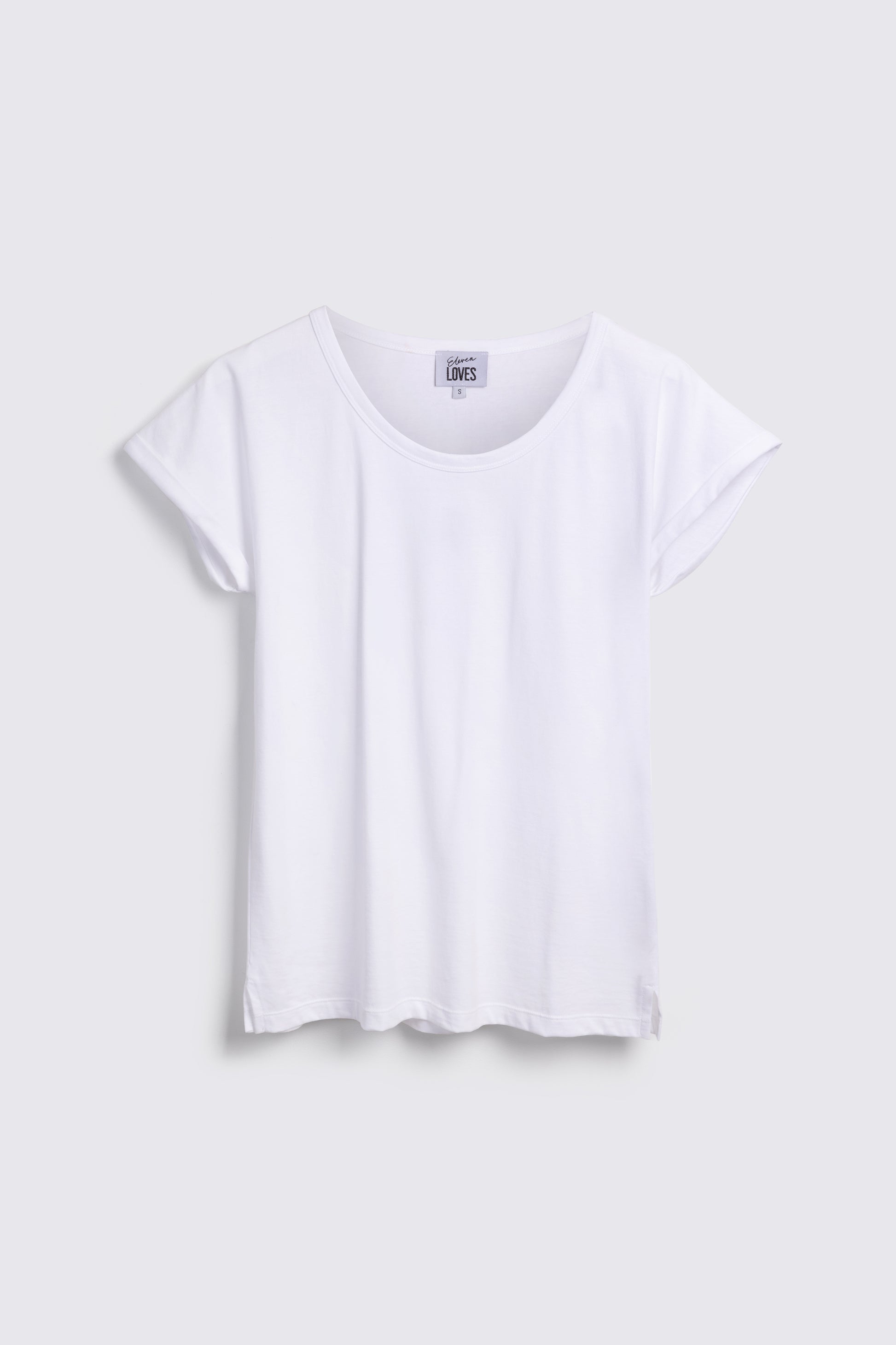 White Rolled Sleeve T Shirt Eleven Loves on White Background