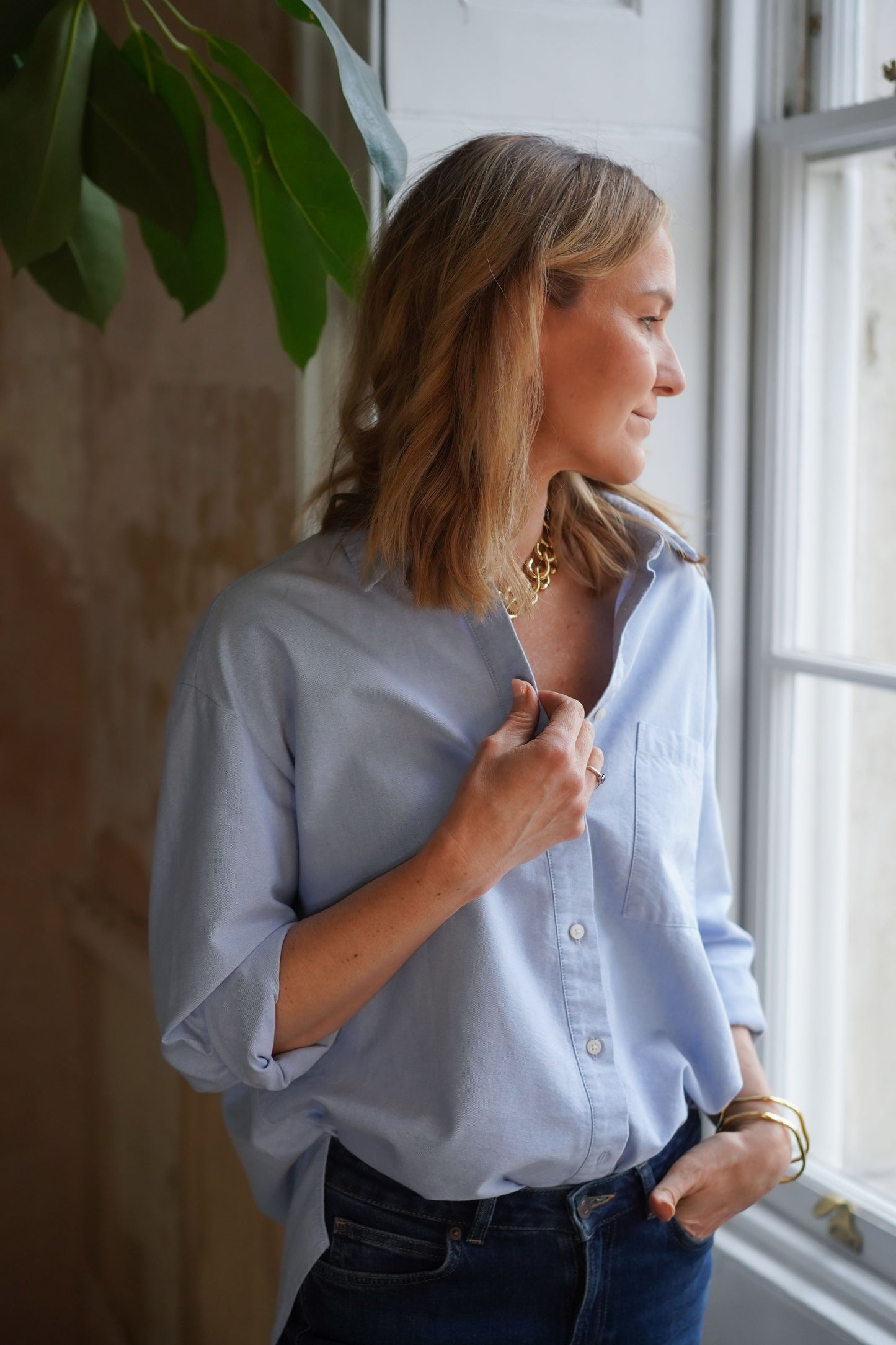 Model wearing Women's Blue Cotton Shirt