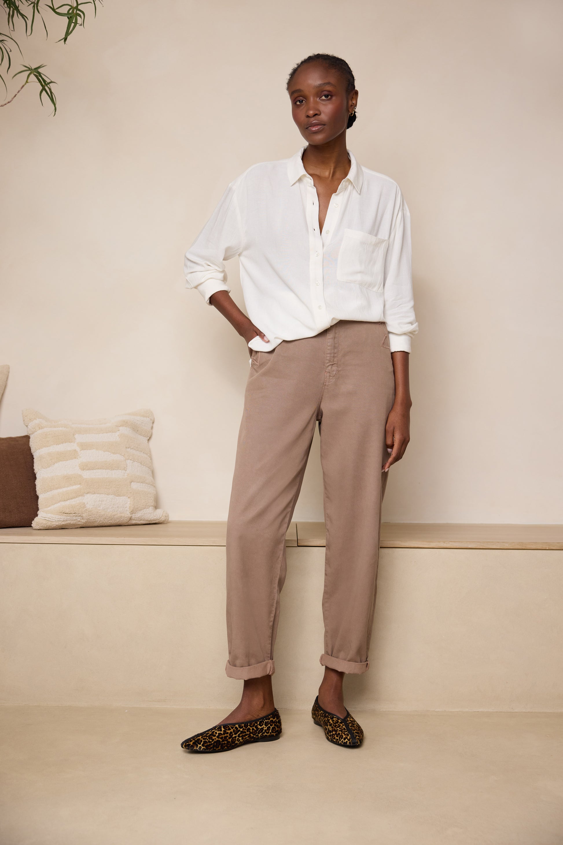 model wearing Womens Cargo Trousers Beige 11 Loves