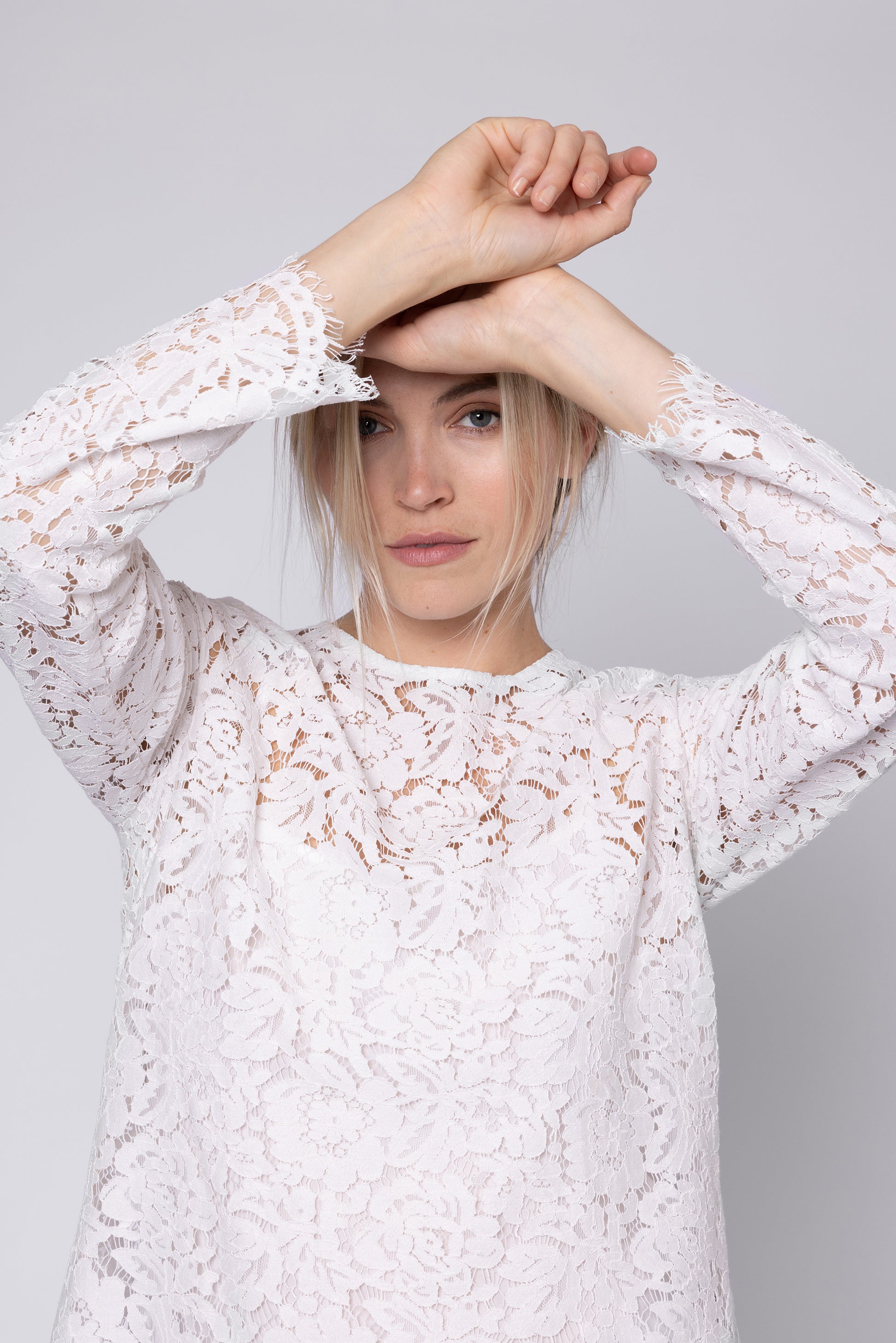 Model wearing Womens White Lace Blouse 11 Loves