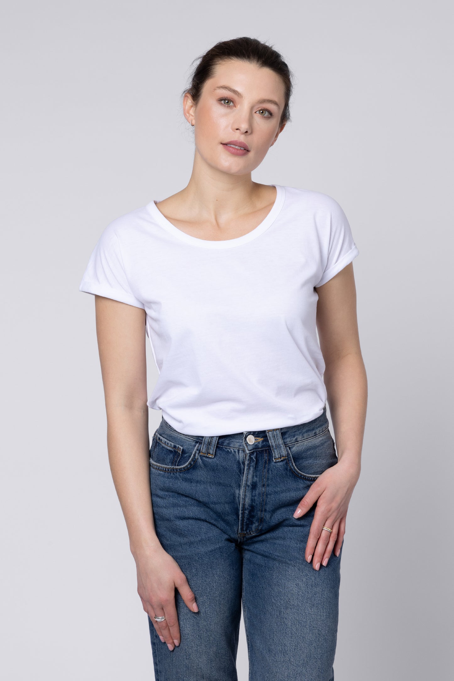 model wearing Womens White T Shirt Eleven Loves