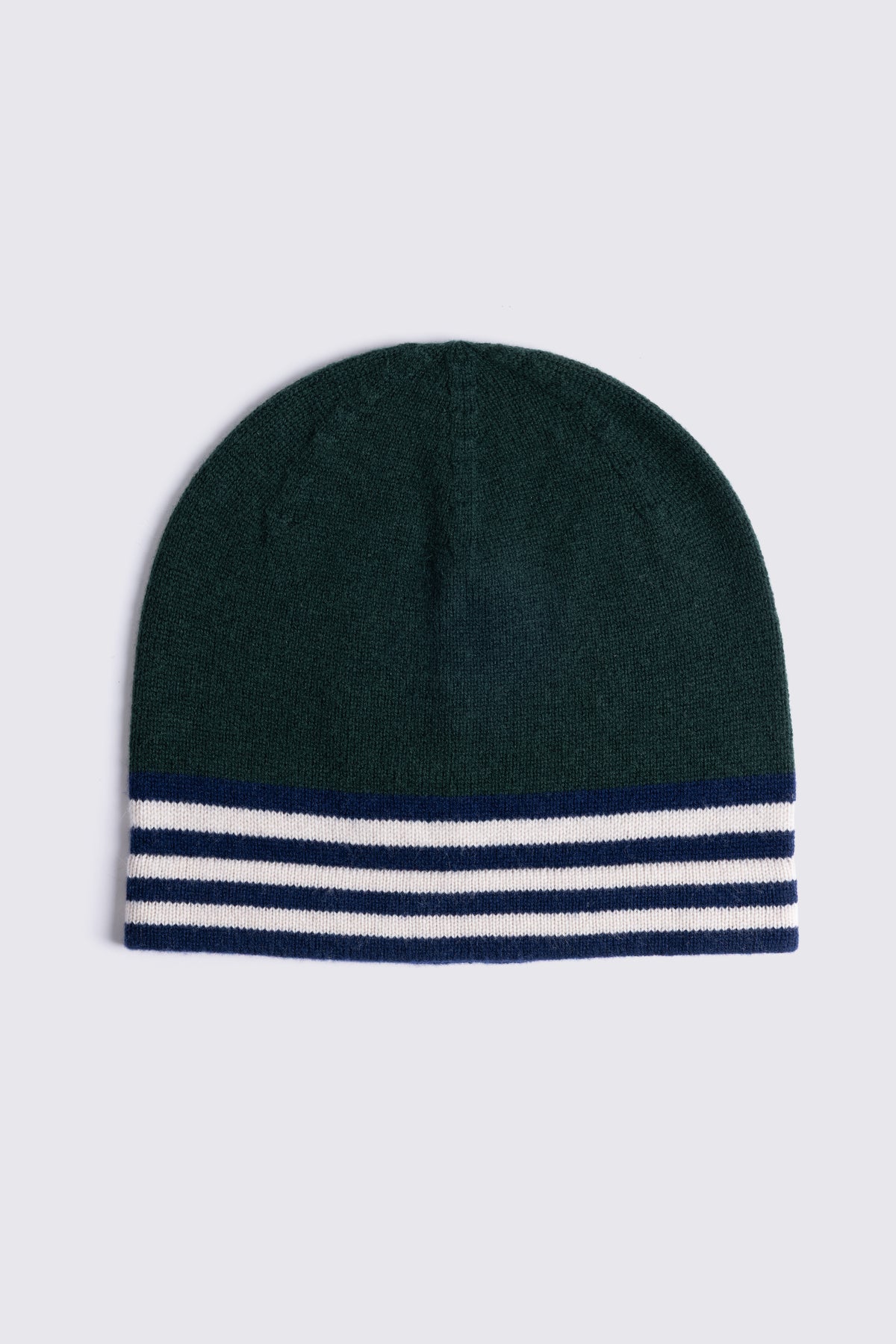 Zinnie cashmere blend beanie in bottle green laid flat, with navy and white stripes at the cuff