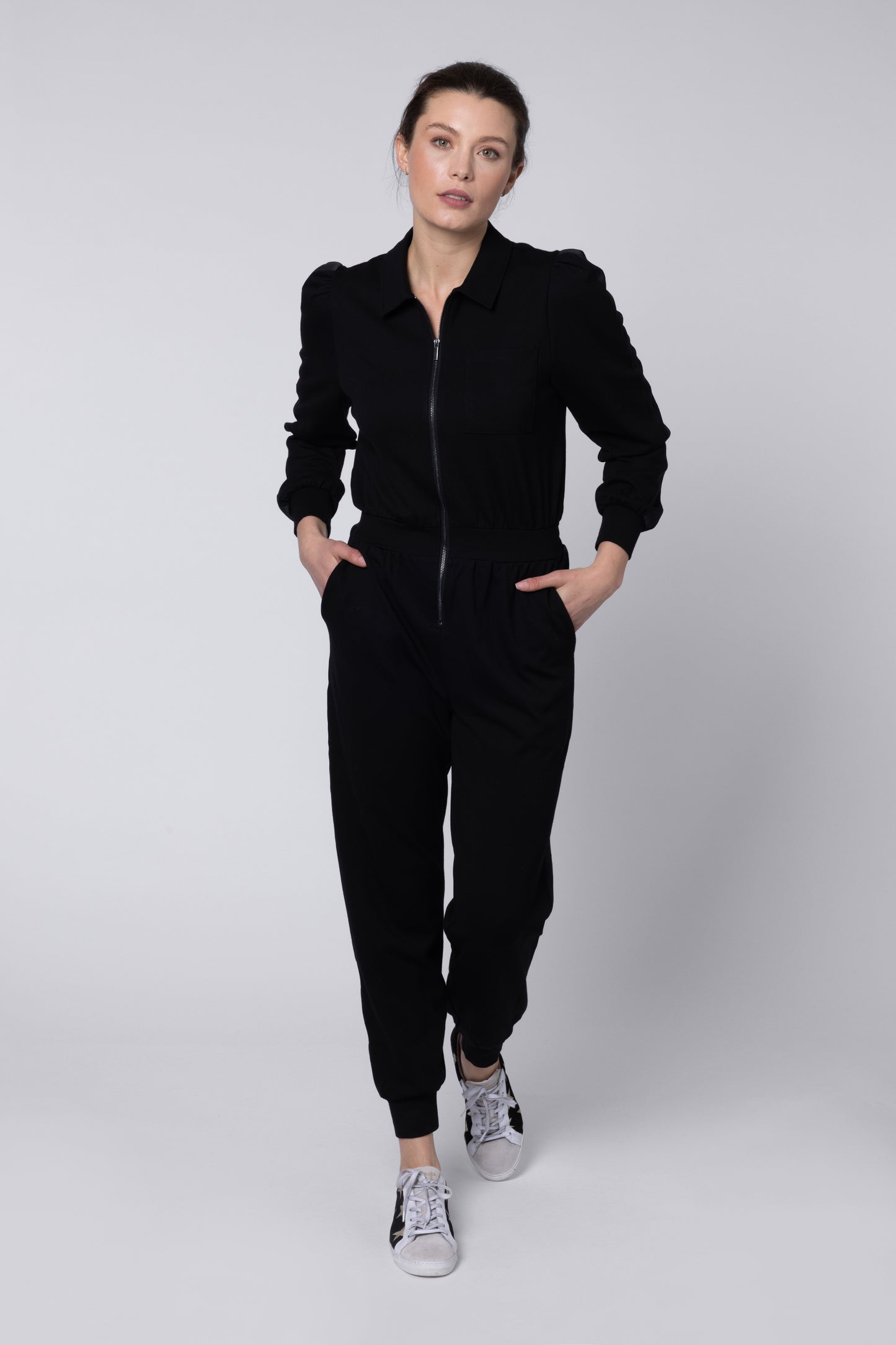 model wearing Zip Front Jumpsuit Eleven Loves