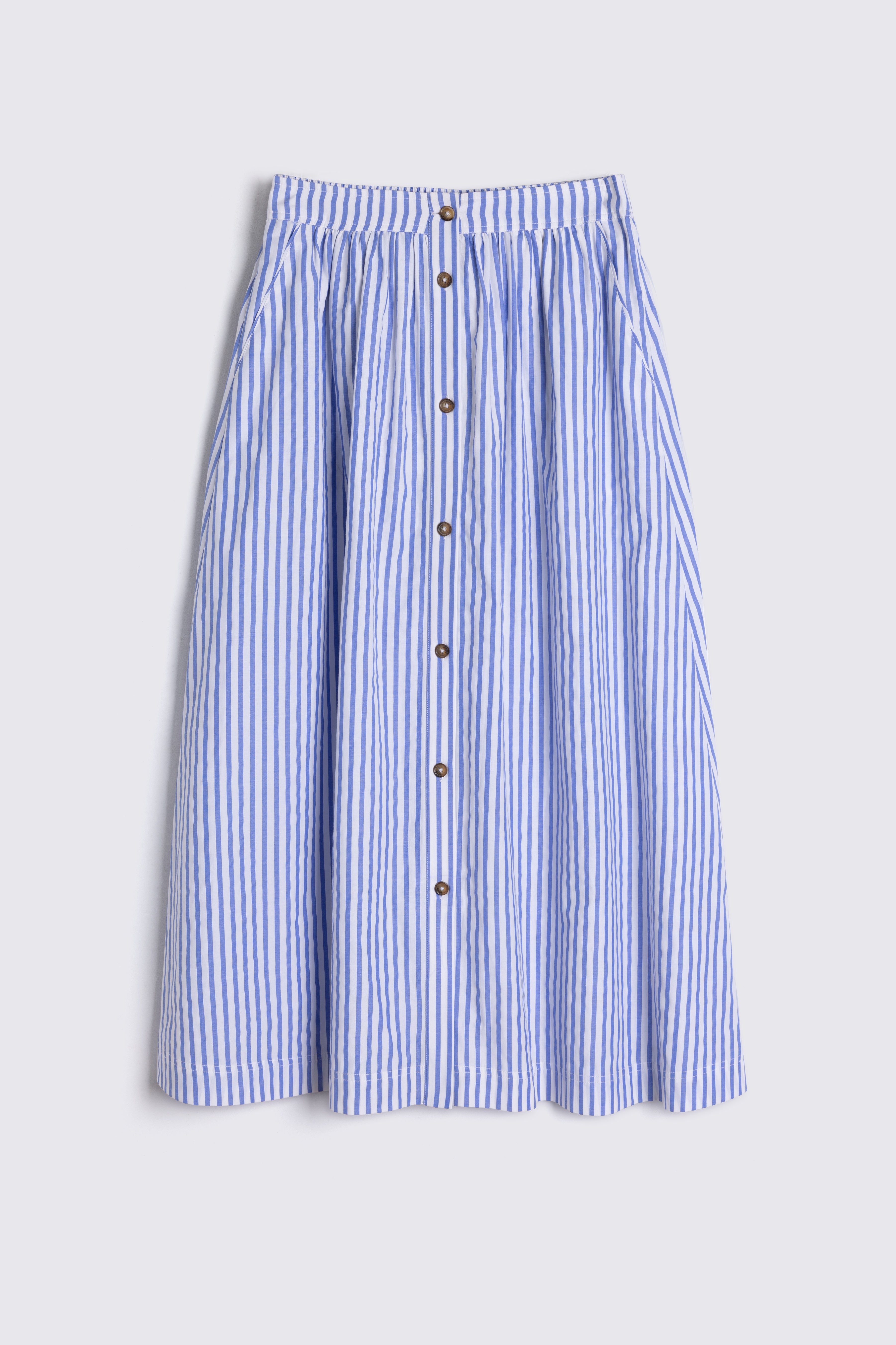 Blue and white striped skirt with button details on a light gray background