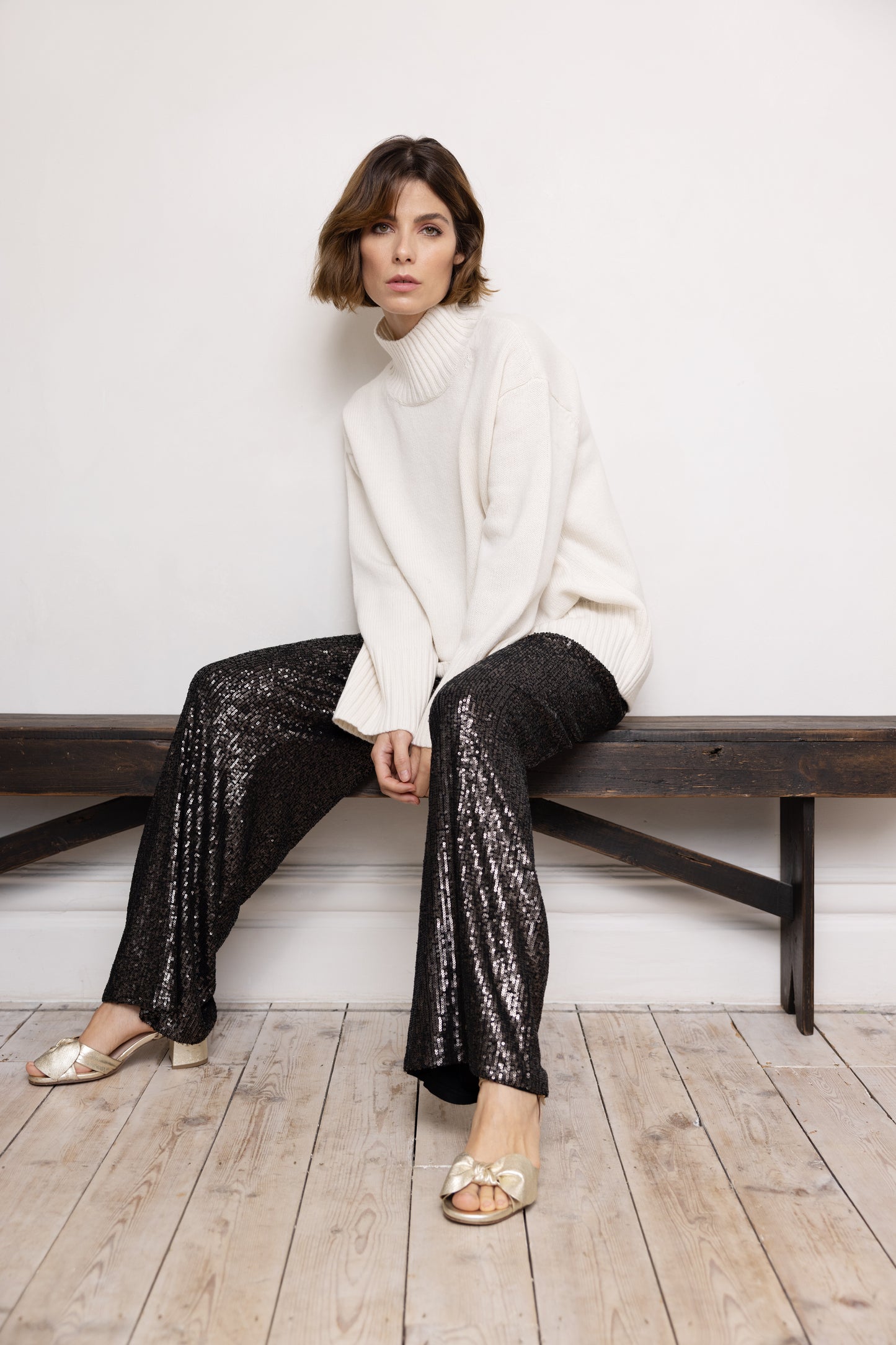 chunky cream jumper and sequin trousers eleven loves