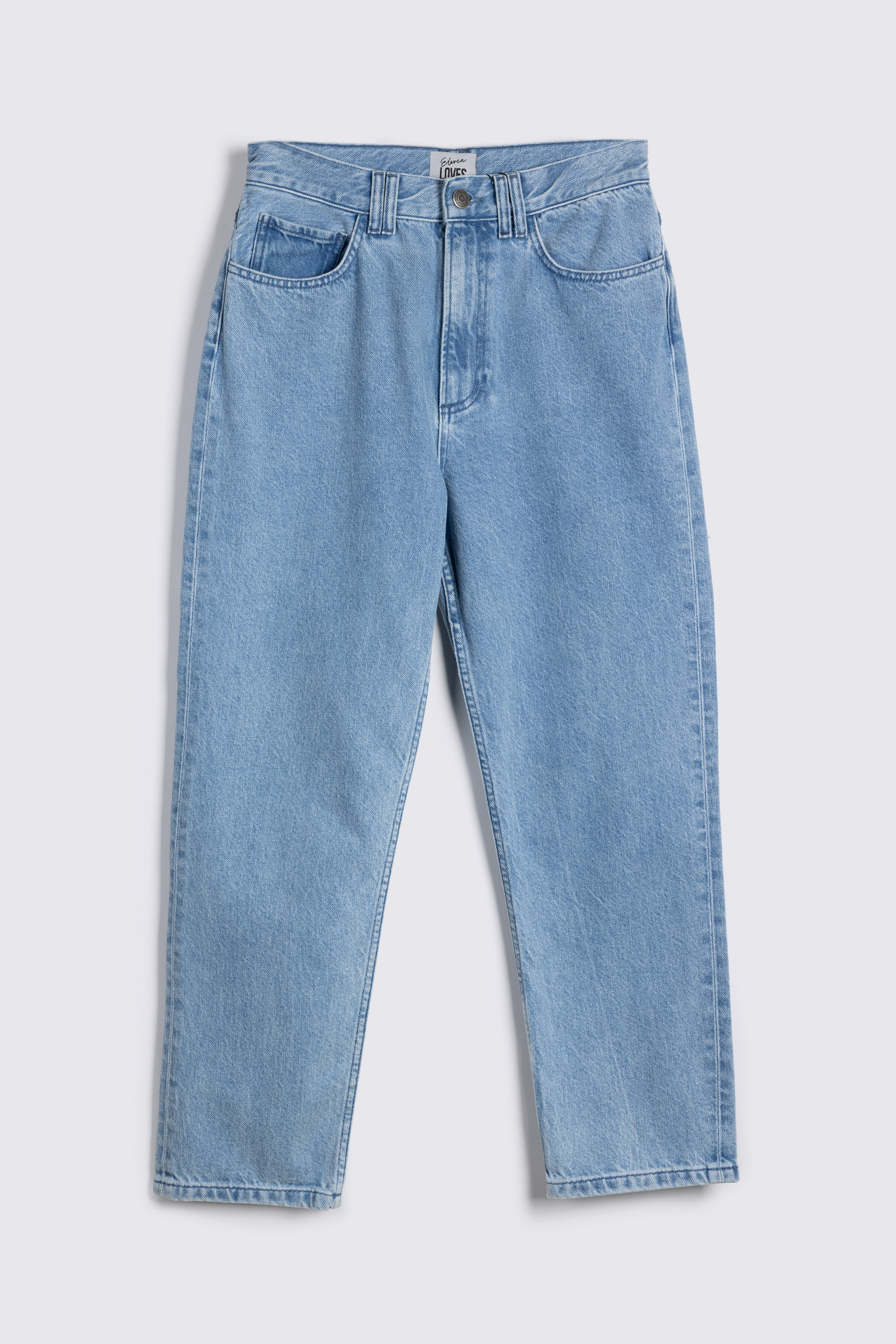 eleven loves jeans blue on white background