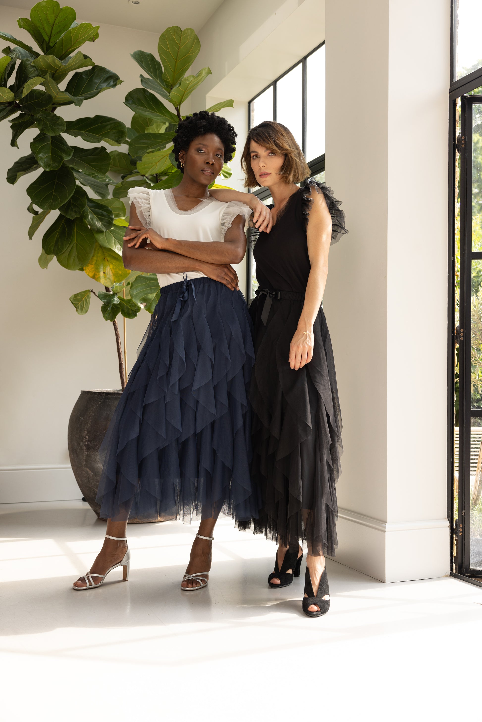 models wearing navy tulle maxi skirts elevenloves